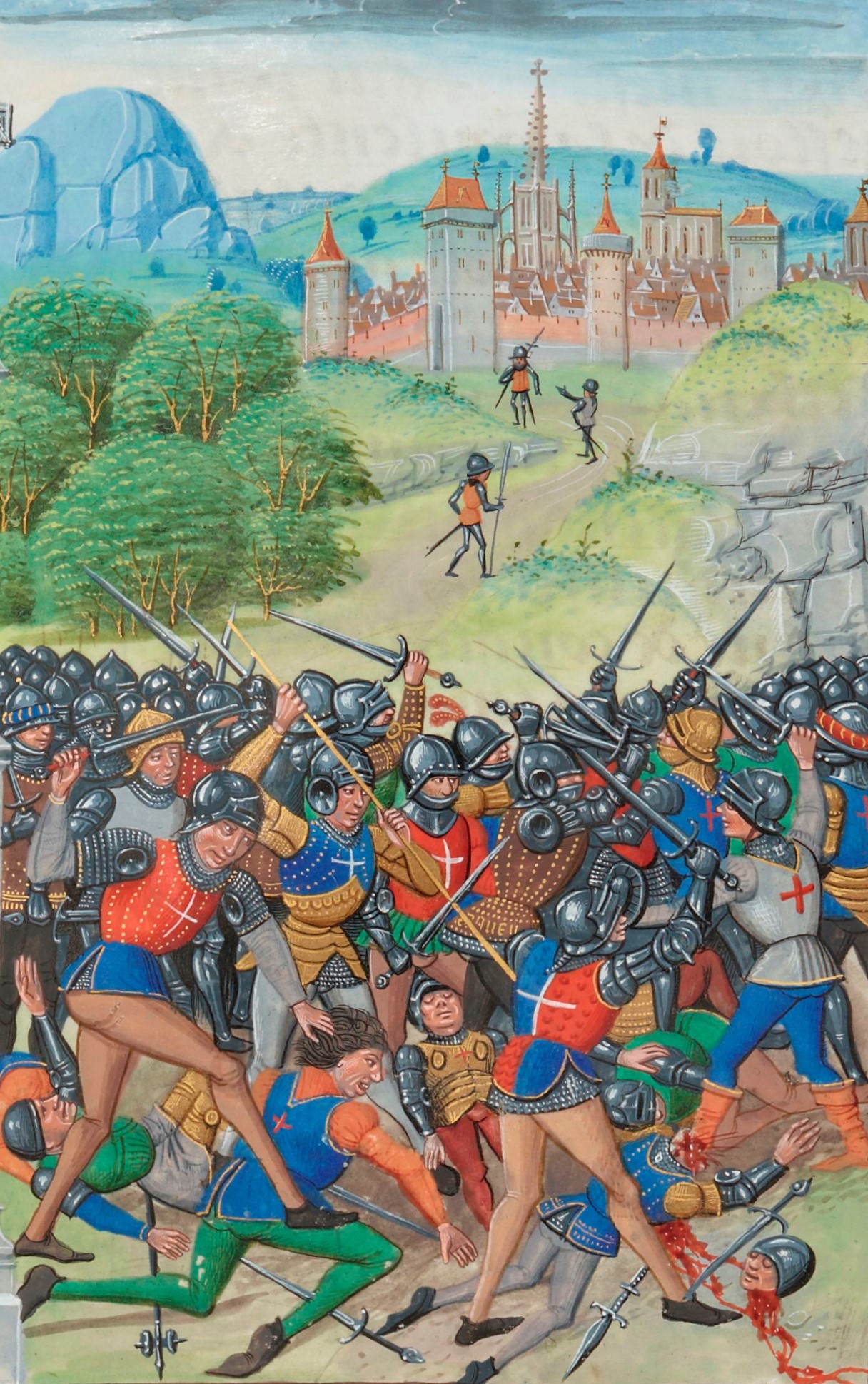 This image is taken from an illuminated manuscript in which we also see anointing of Pope Gregory XI. This cropped image shows : Battle of Pontvallin in 1370.