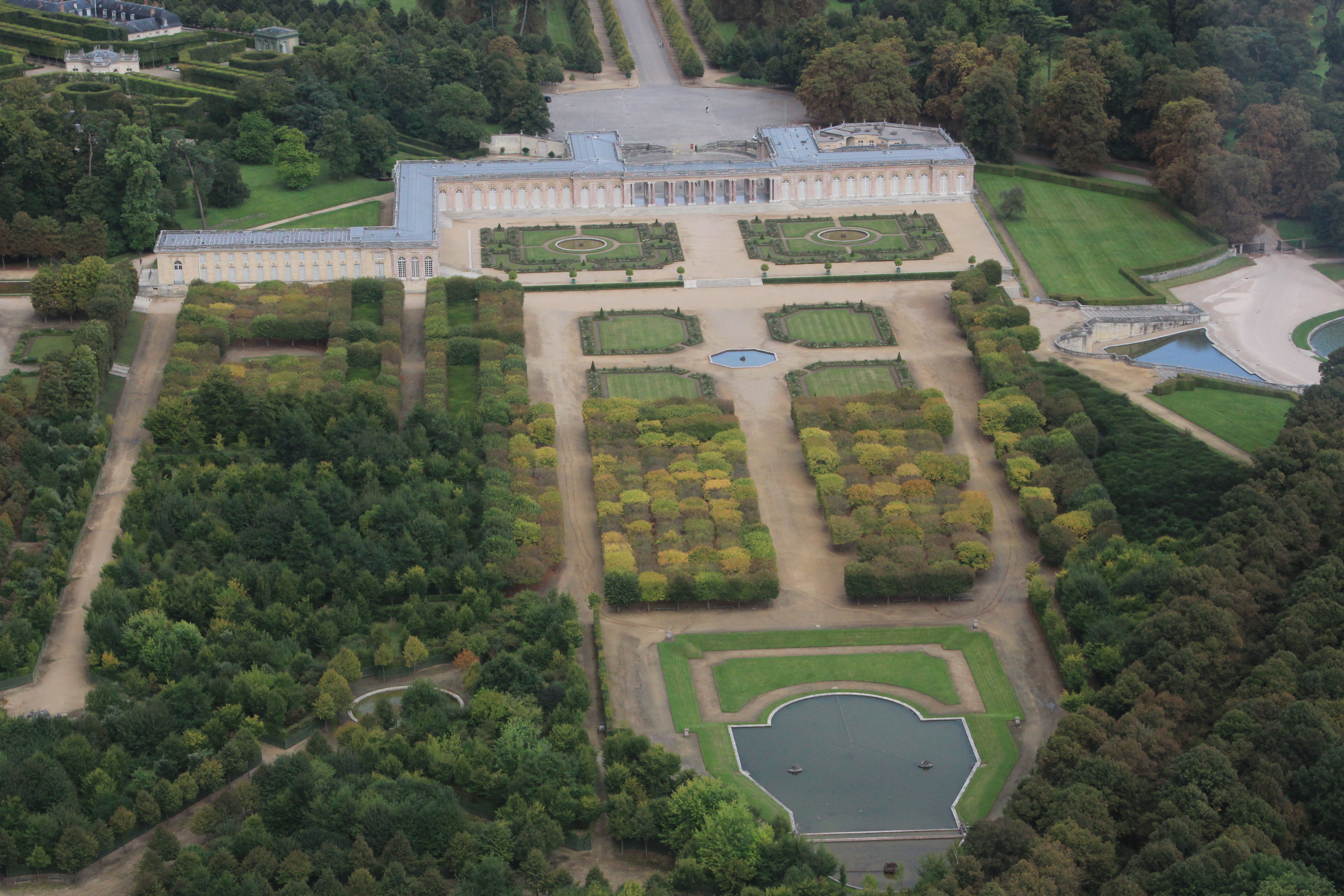 Aerial view of the Grand Trianon in the Palace of Versailles, France.