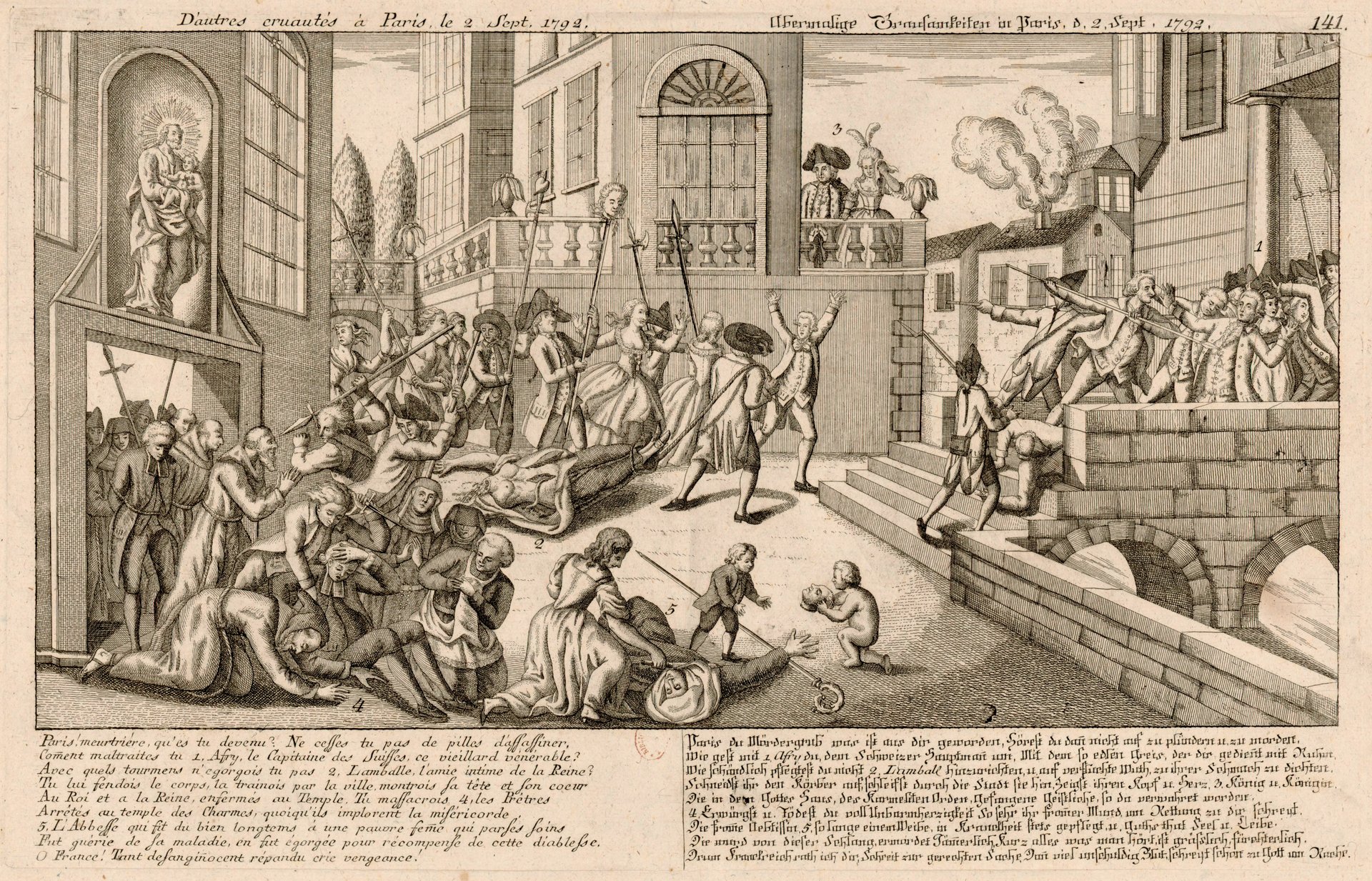 Depiction of the September Massacres, where priests and noble prisoners were killed in Paris on Sept 2 1792. Subtitles with poems condemning the action in French and German.