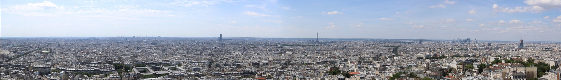 This is a panorama as seen from the top of the Sacré-Cœur Basilica on July 8, 2016. The width is almost a full 360 degrees.  This was made using a Canon EOS Rebel T6i camera, and the panorama was stitched together with AutoStitch.