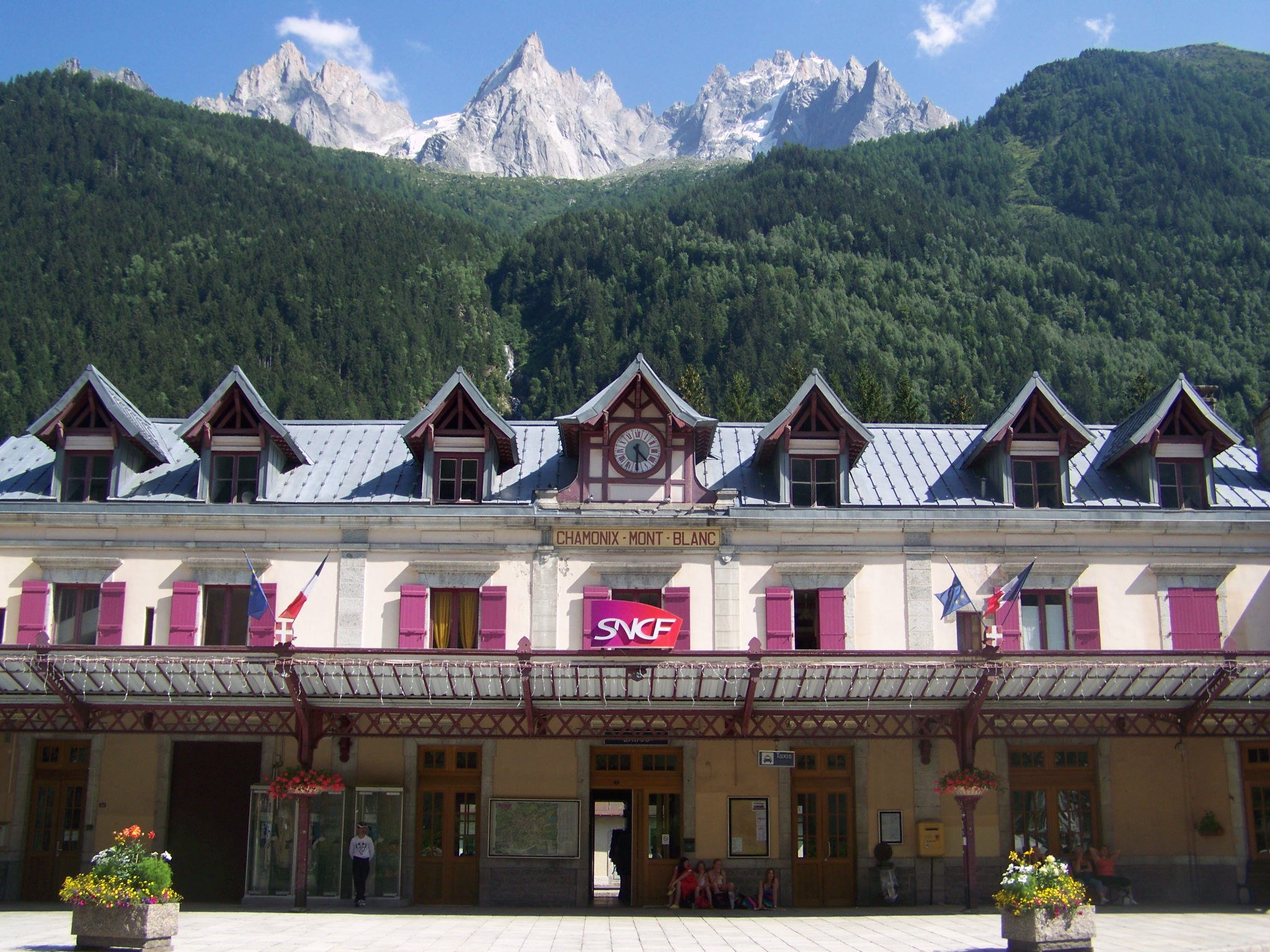 Front and facade of the Chamonix - Mont-Blanc railway station in Chamonix, Haute-Savoie, France.