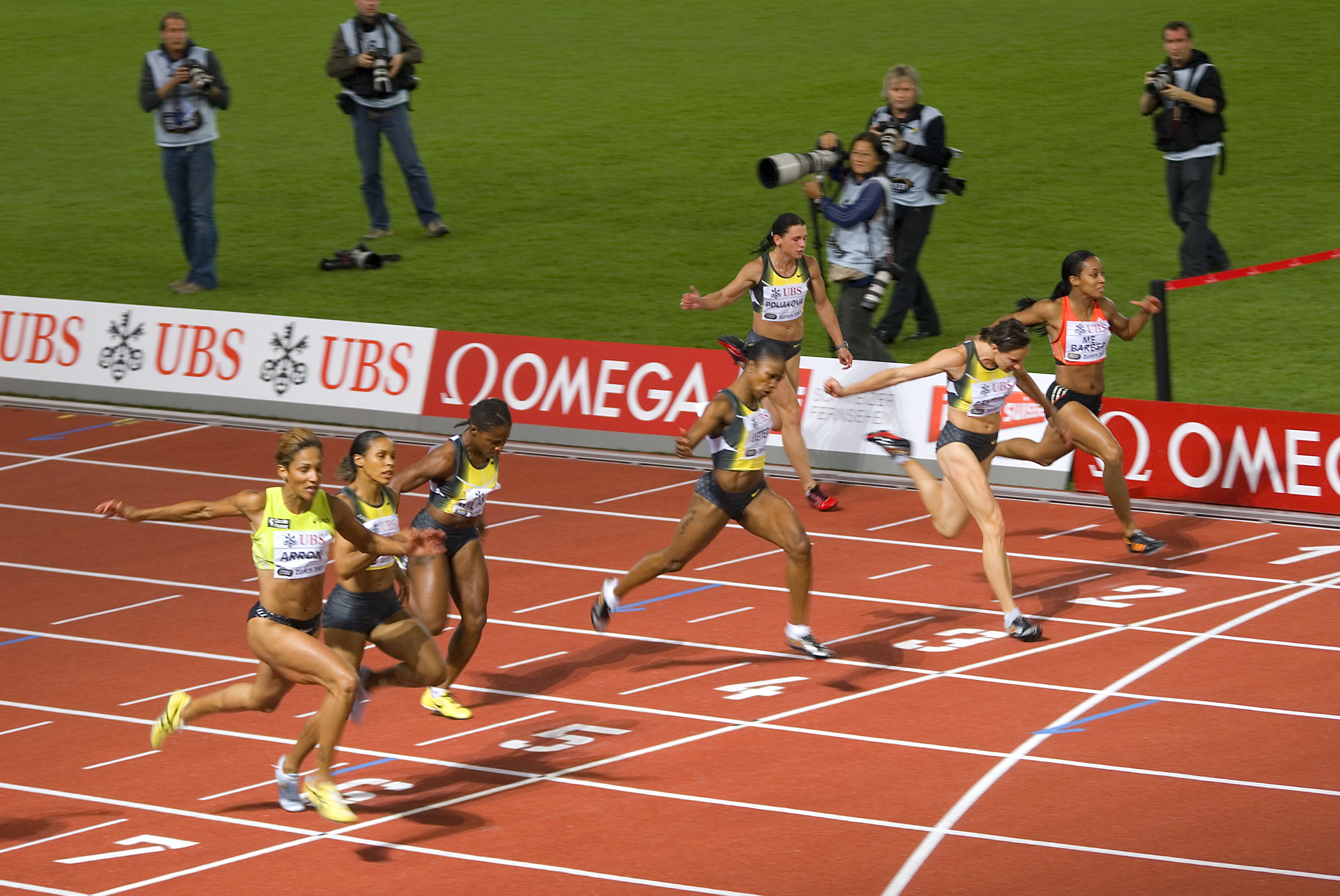 Christine Arron (left) of France wins the women's 100m from Torri Edwards of USA during the Iaaf Weltklasse Golden League meeting on September 7th, 2007 in Zurich, Switzerland.