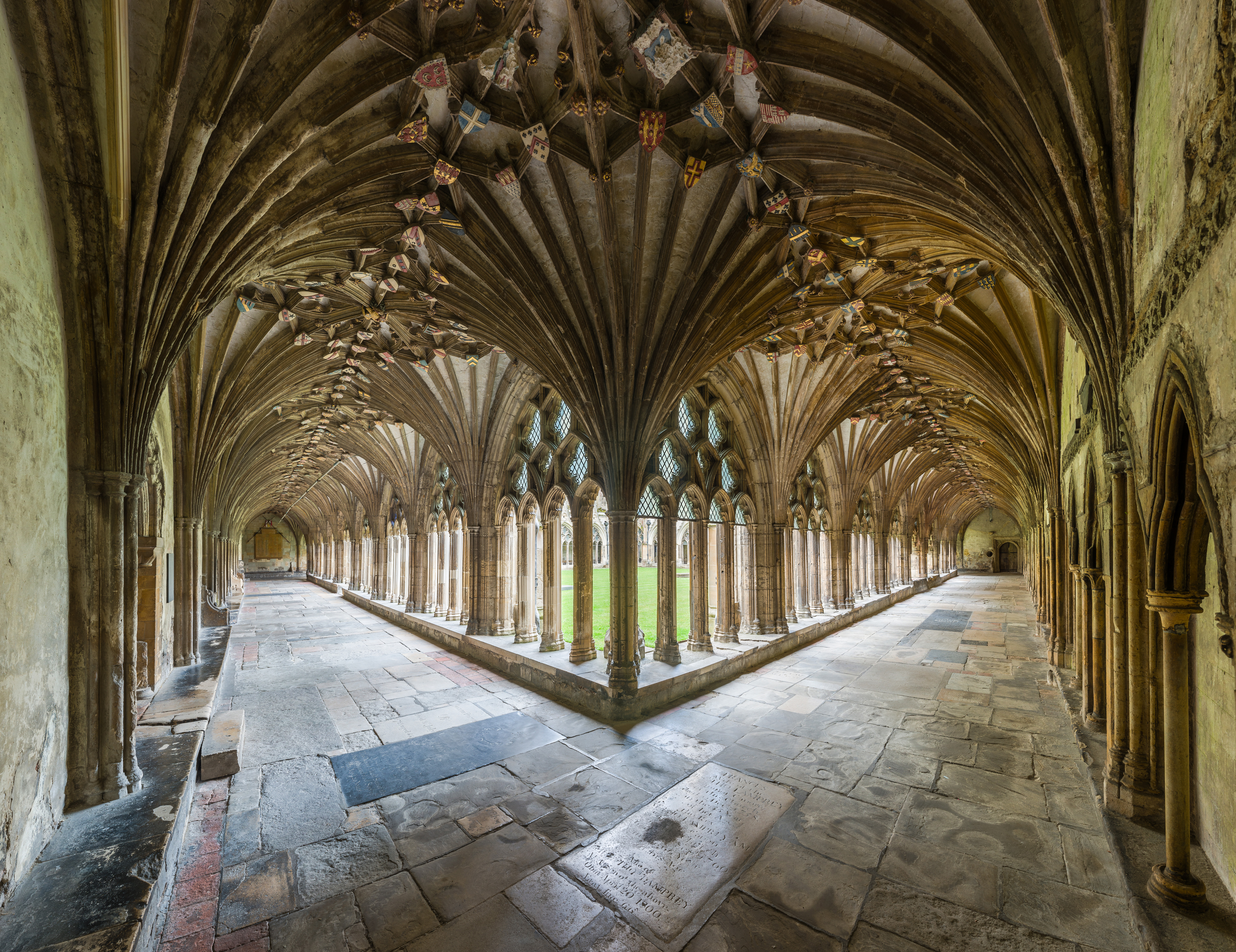 The cloisters of Canterbury Cathedral in Kent, England.