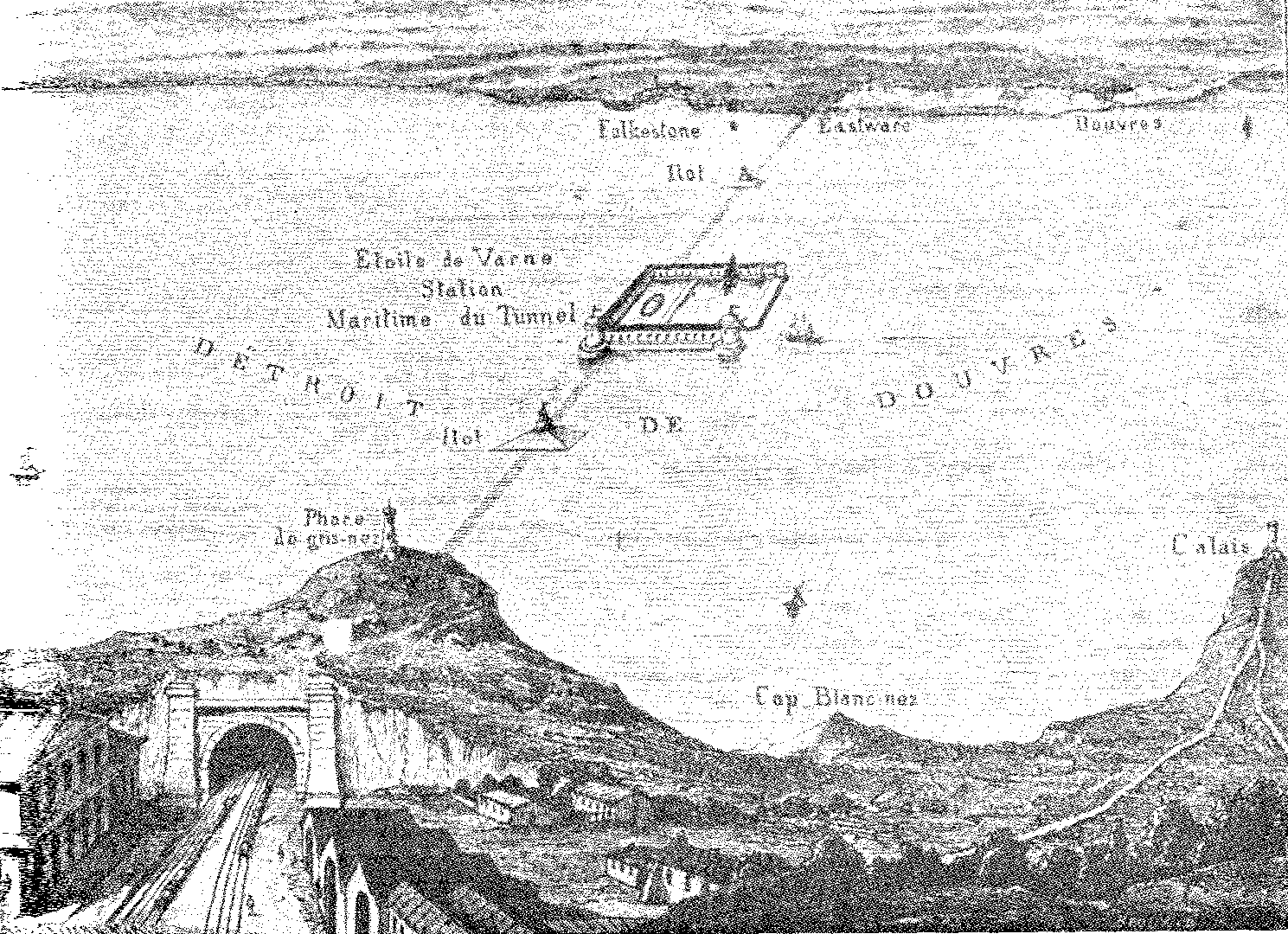 Thomé de Gamond's plan for a Channel tunnel, with a harbour mid-Channel on the Varne sandbank.
