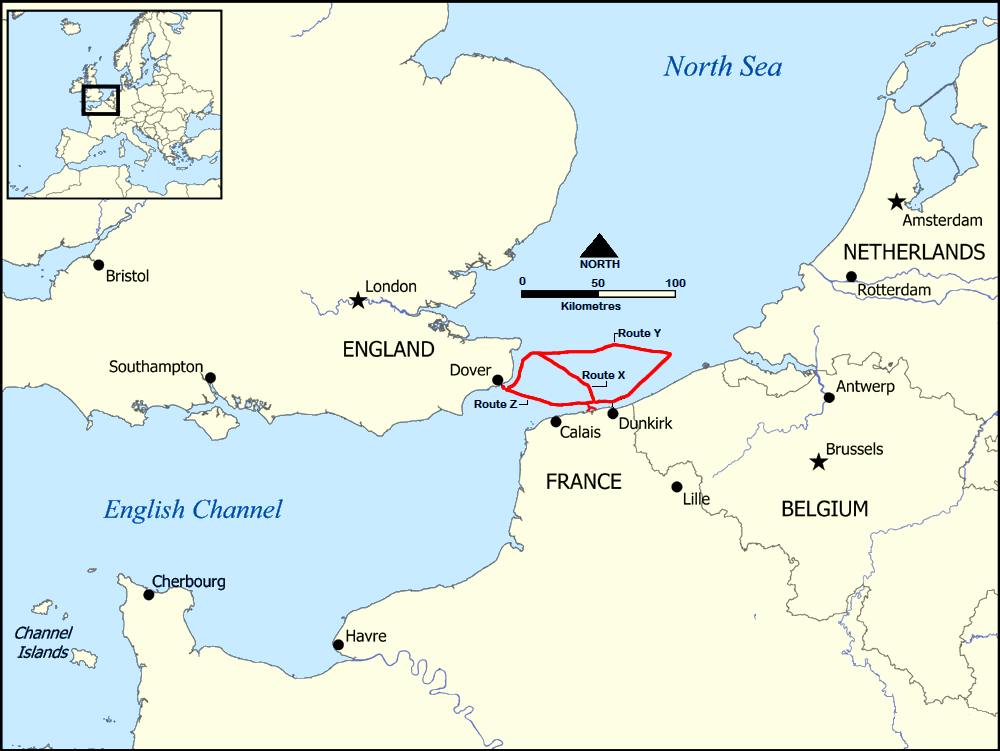 This map shows the general location of the three shipping routes used during the Dunkirk Evacuation (1940).