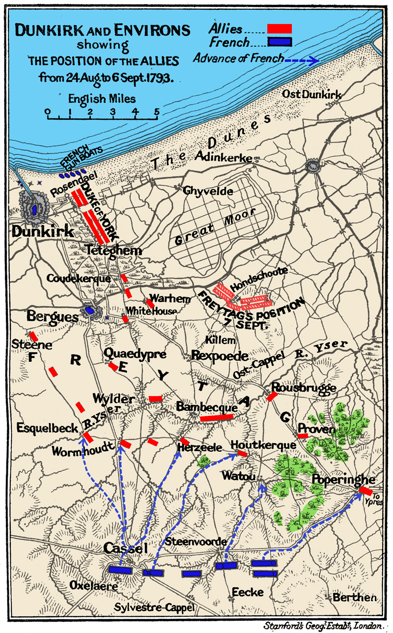 The Siege of Dunkirk and Battle of Hondschoote. 
Coloured adaptation of original by George Stanford, in Fortescue 'A History of the British Army' Vol 4 (1917).