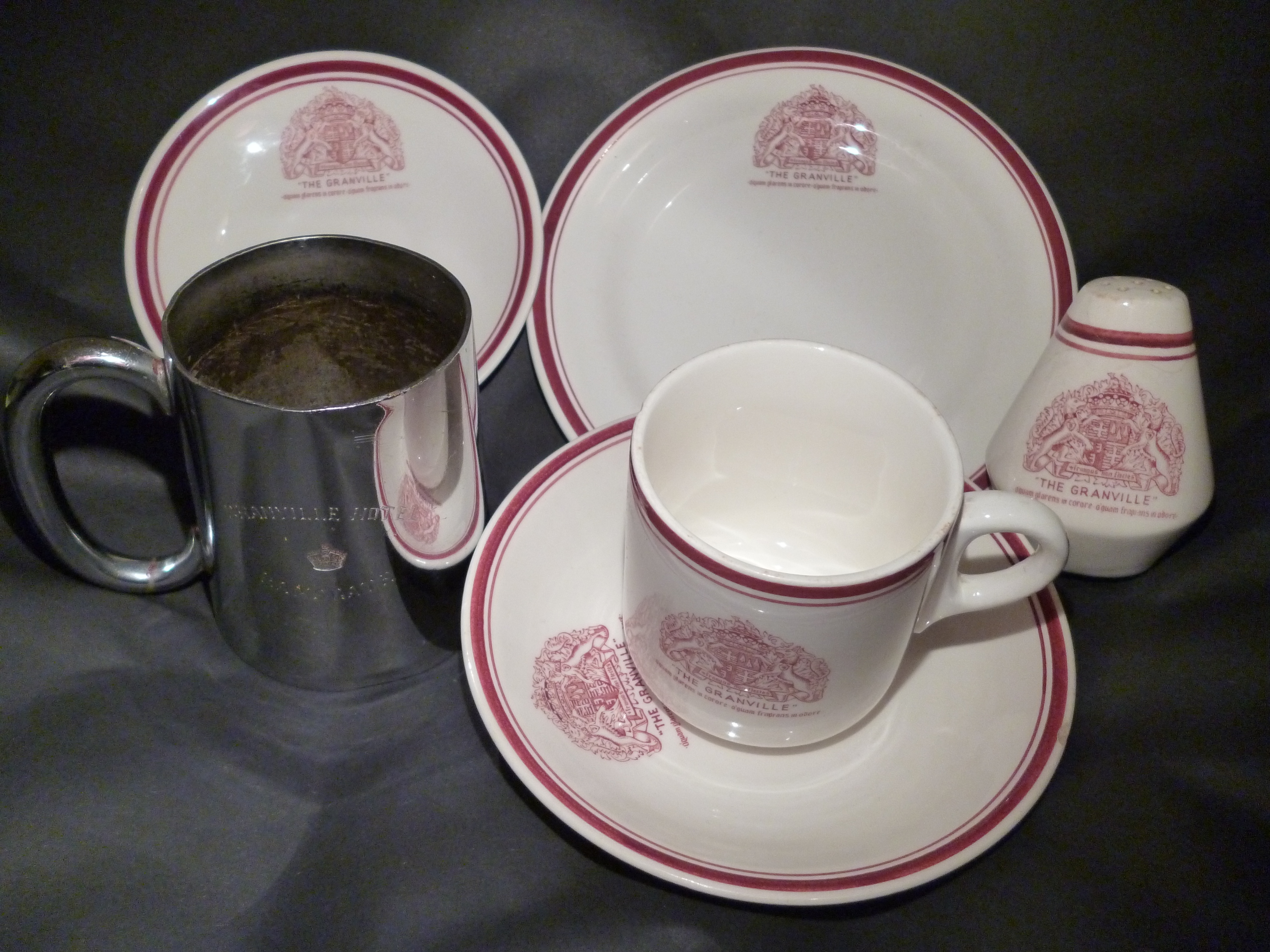Granville Hotel cup &amp; saucer, pepper shaker, plate and nickel plated tankard.