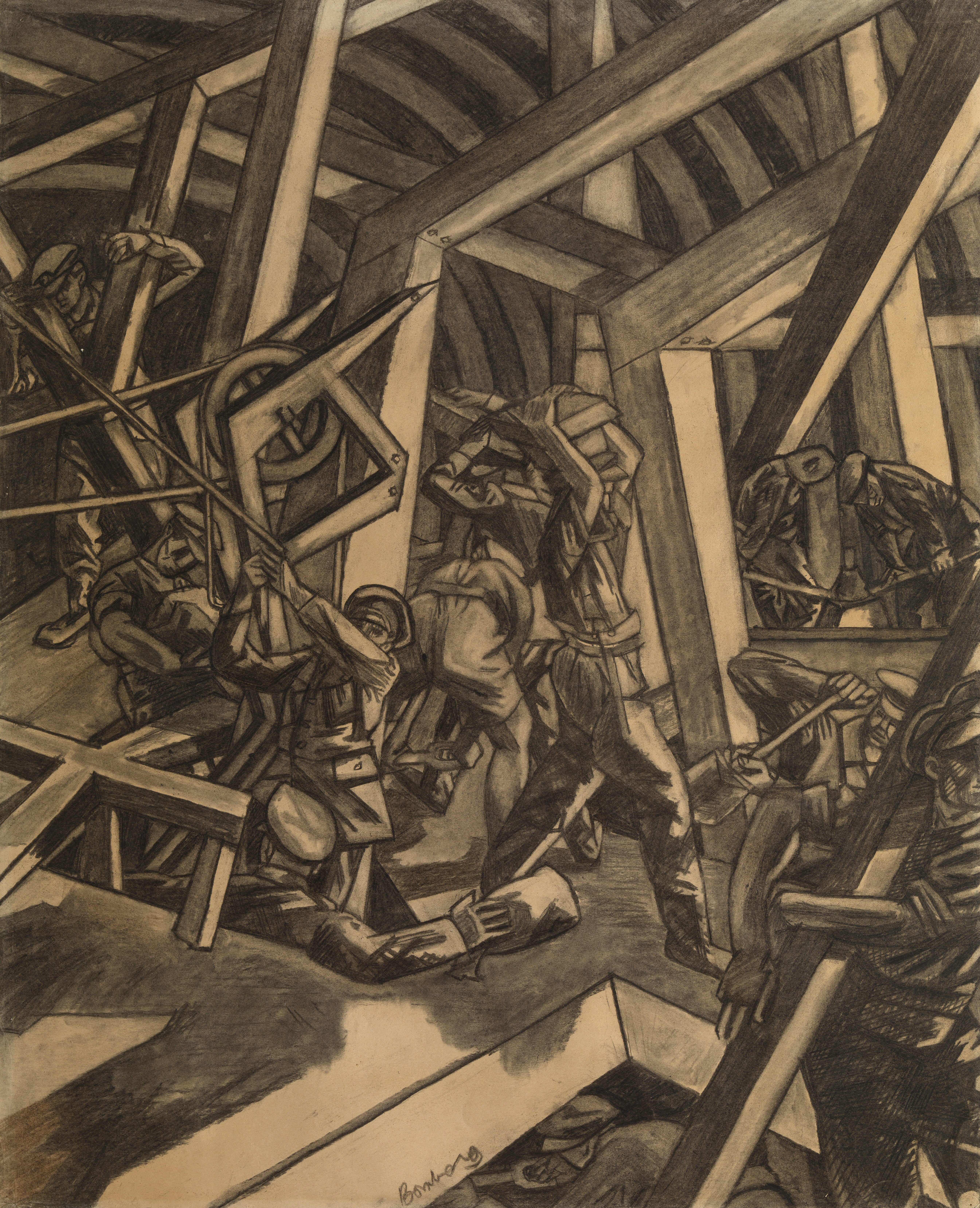 Sappers at work - Canadian Tunnelling Company, R14, St Eloi
image: An intense scene of sappers from a Canadian Tunnelling Company of the Royal Engineers constructing a tunnel. The

men are digging, moving earth and using pulleys and levers to erect support timbers within the interior.