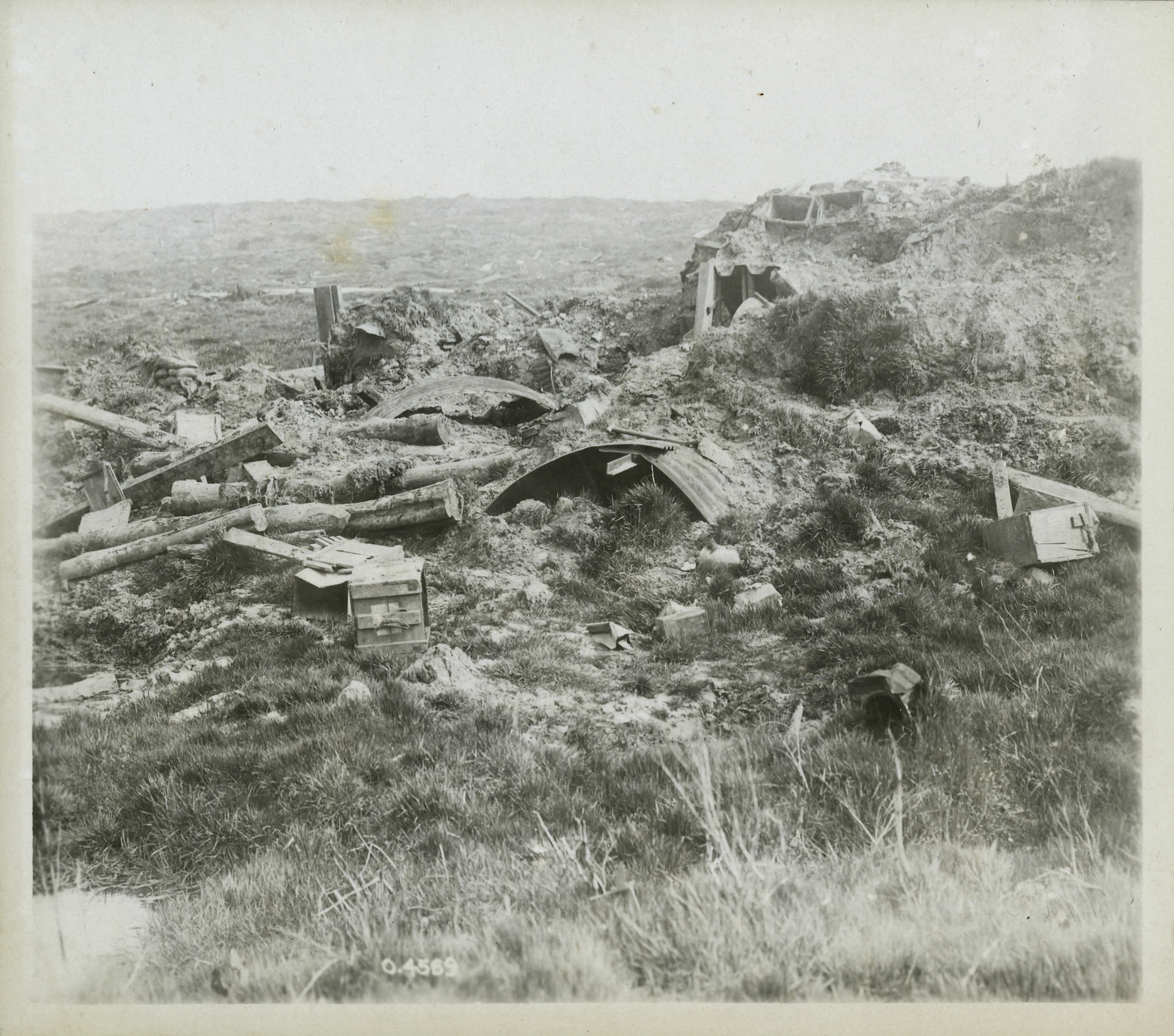 Mount Sorrel with Armagh House in the foreground. Post-battle image of the June 1916 Mount Sorrel battlefield. The debris is all that remains of a dugout and shelter destroyed by artillery fire. Prior to the war, most of the terrain here was heavily wooded.