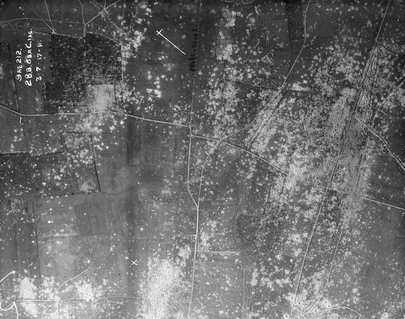Aerial reconnaissance photo of Pilckem Ridge, just prior to the Battle of Pilckem Ridge.
Imperial War Museum description: Plotting reference: 28B 6bd 28C 1ac Key feature: Crossroads West of Pilckem