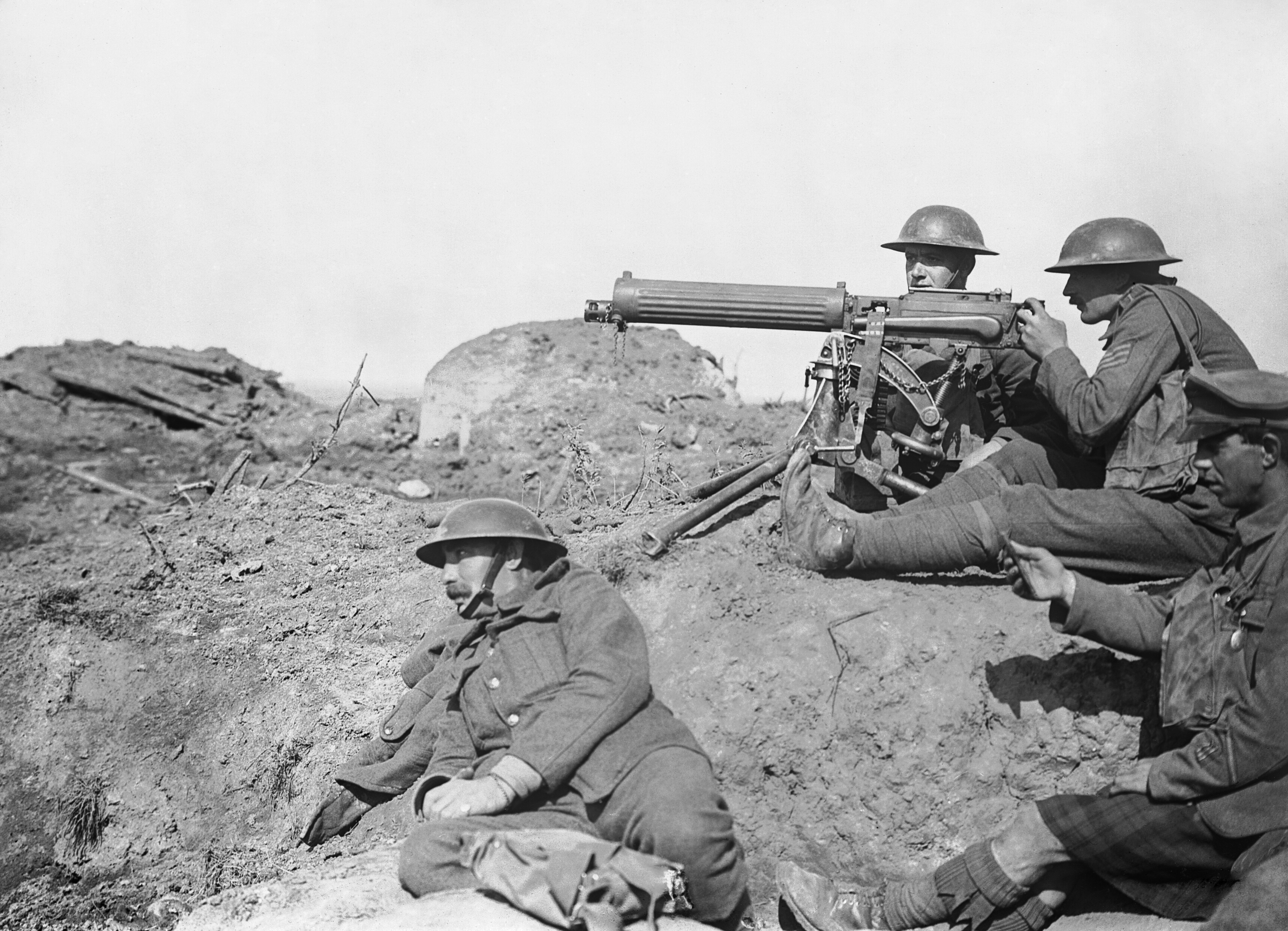 British Vickers machine gun crew during the Battle of Menin Road Ridge, World War I (Ypres Salient, West Flanders, Belgium)