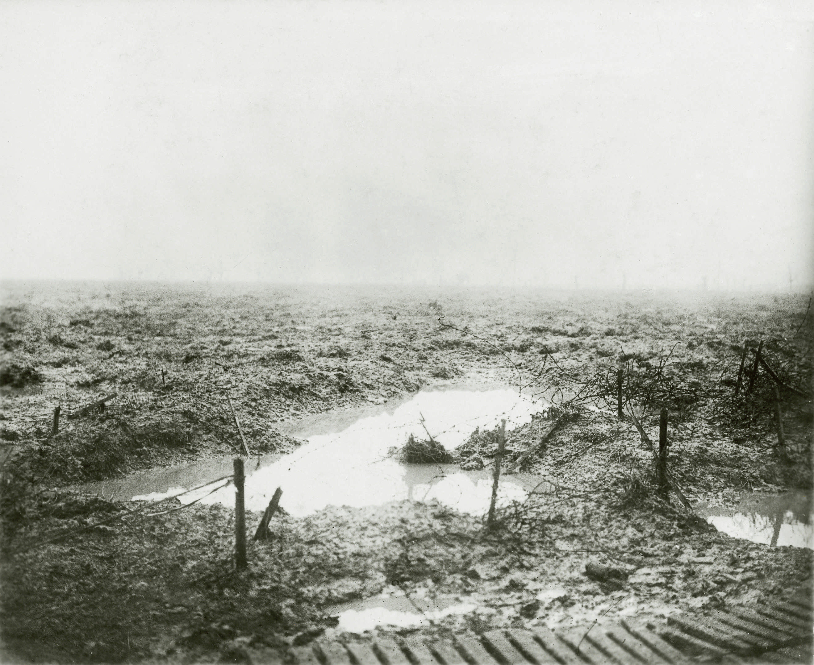 Mud, water, and barbed wire illustrate the horrible terrain through which the Canadians advanced at Passchendaele in late 1917.