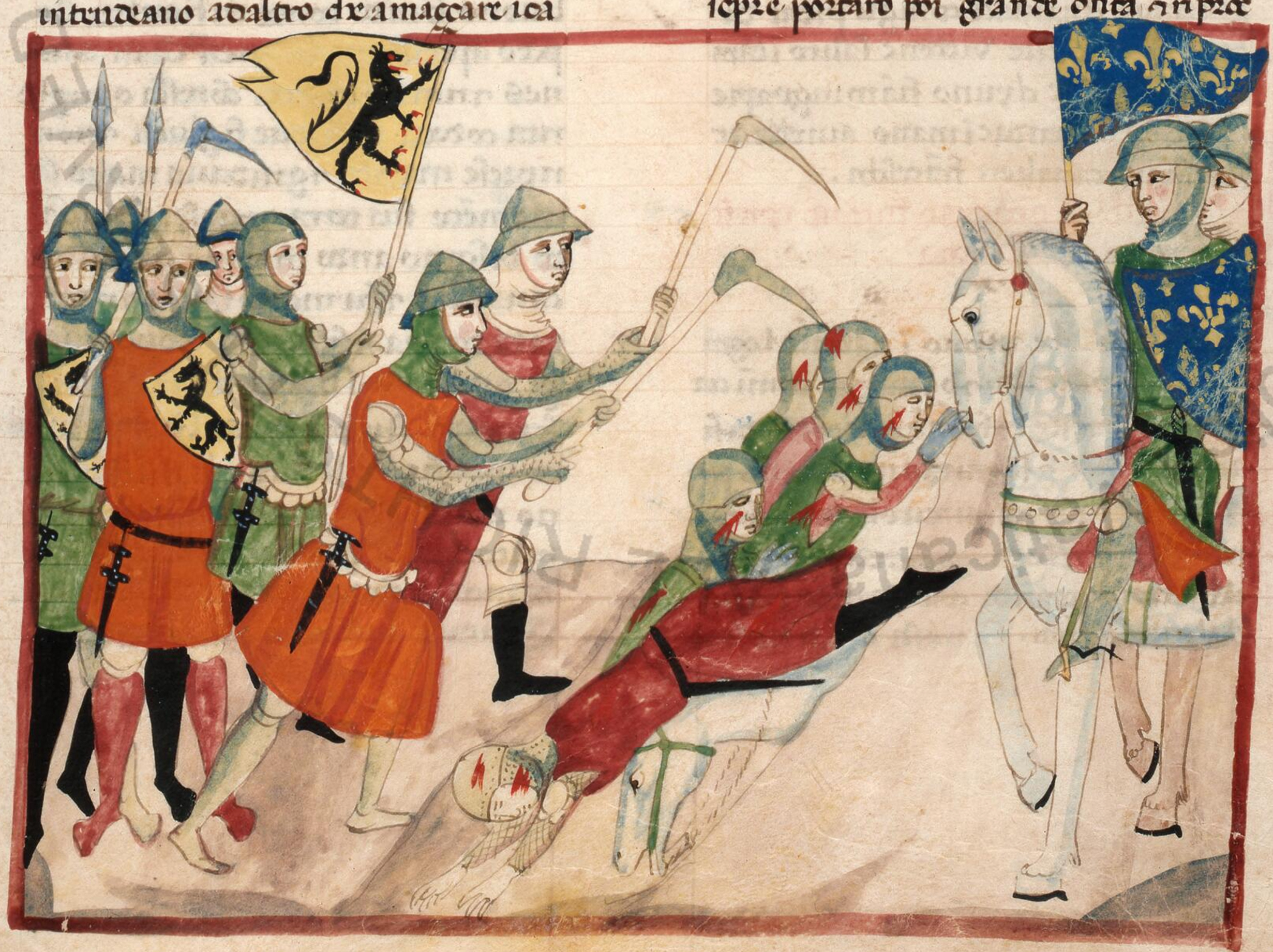 Drawing about the Battle of the Golden Spurs in 1302. Manuscript: Nuova Cronica. Author: Giovanni Villani.  Shelfmark: Chig.L.VIII.296. Bookbinding (legatura): 2r-331r Villani, Giovanni: Nuova cronica. Page: 172r.