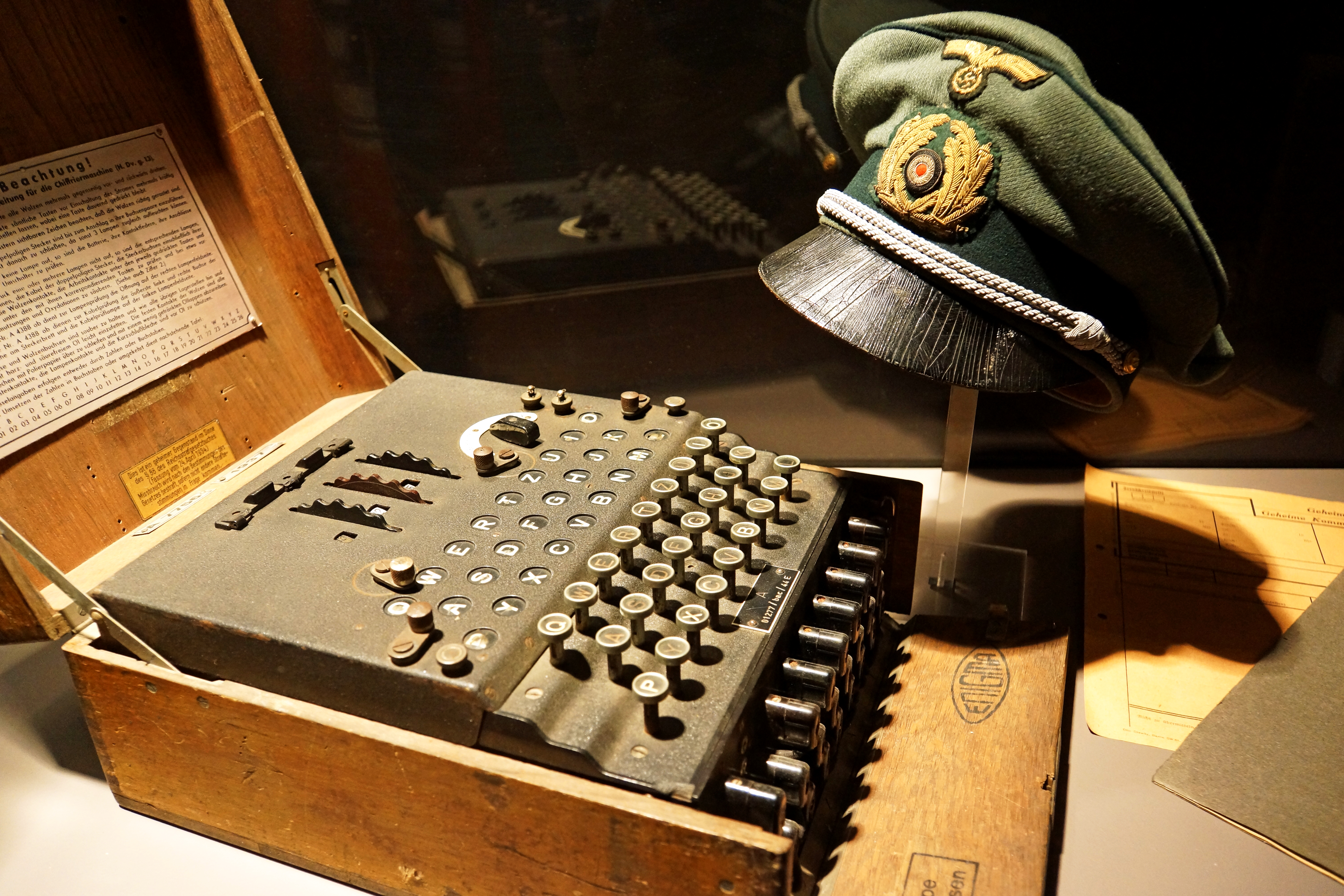 Display in the museum - Enigma Machine
In Oostende near the beaches is a well-preserved part of Hitler's Atlantic Wall. Sixty constructions (bunkers, storage facilities, personnel quarters, machinegun nests) dating from both World Wars are interconnected by two kilometers (1.24 mi) of trenches.