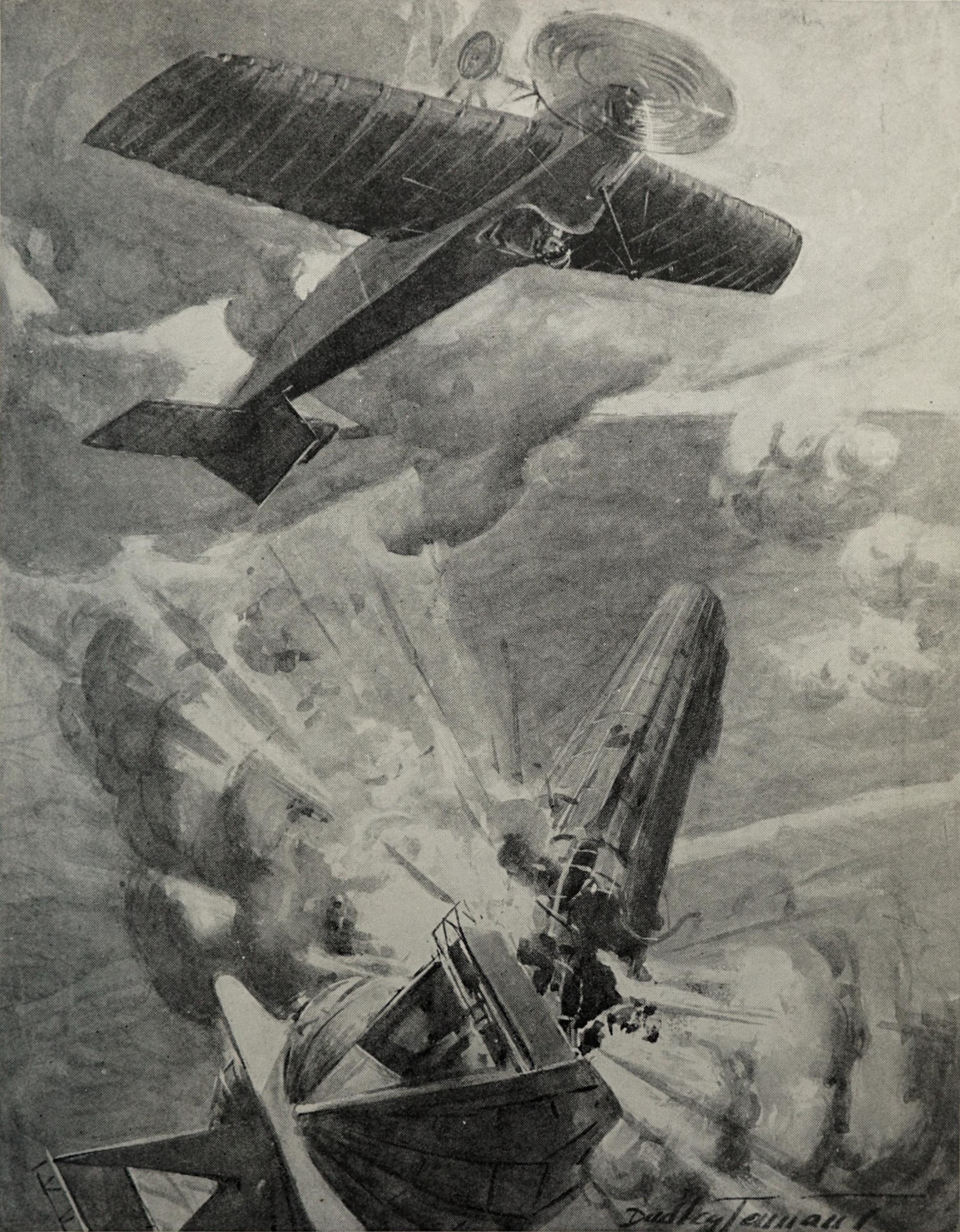 An artist's impression of the destruction of German Zeppelin LZ37 by Sub-Lieutenant Reginald Warneford on 7 June 1915.
Drawing from The War Illustrated, 19 June 1915. Caption reads:

The Great Aerial Exploit of Lieut. Warneford: For skill and daring the magnificent exploit of Flight Sub-Lieut. Warneford, V.C., has rarely been equalled.  While flying at a great height between Bruges and Ghent he encountered a Zeppelin.  Quickly rising above it, he swooped down and launched bombs on the massive airship.  A loud explosion followed, and the Zeppelin caught fire and fell to earth.  The explosion caused the British machine to turn several somersaults, during which the petrol escaped from the rear tank and the pilot had to descend in the German lines.  He managed to refill the empty tank, restart his engine, soar again into the air, and return safely to the British lines.  Within thirty-six hours after his heroic deed the King had conferred the V.C. on the young aviator.