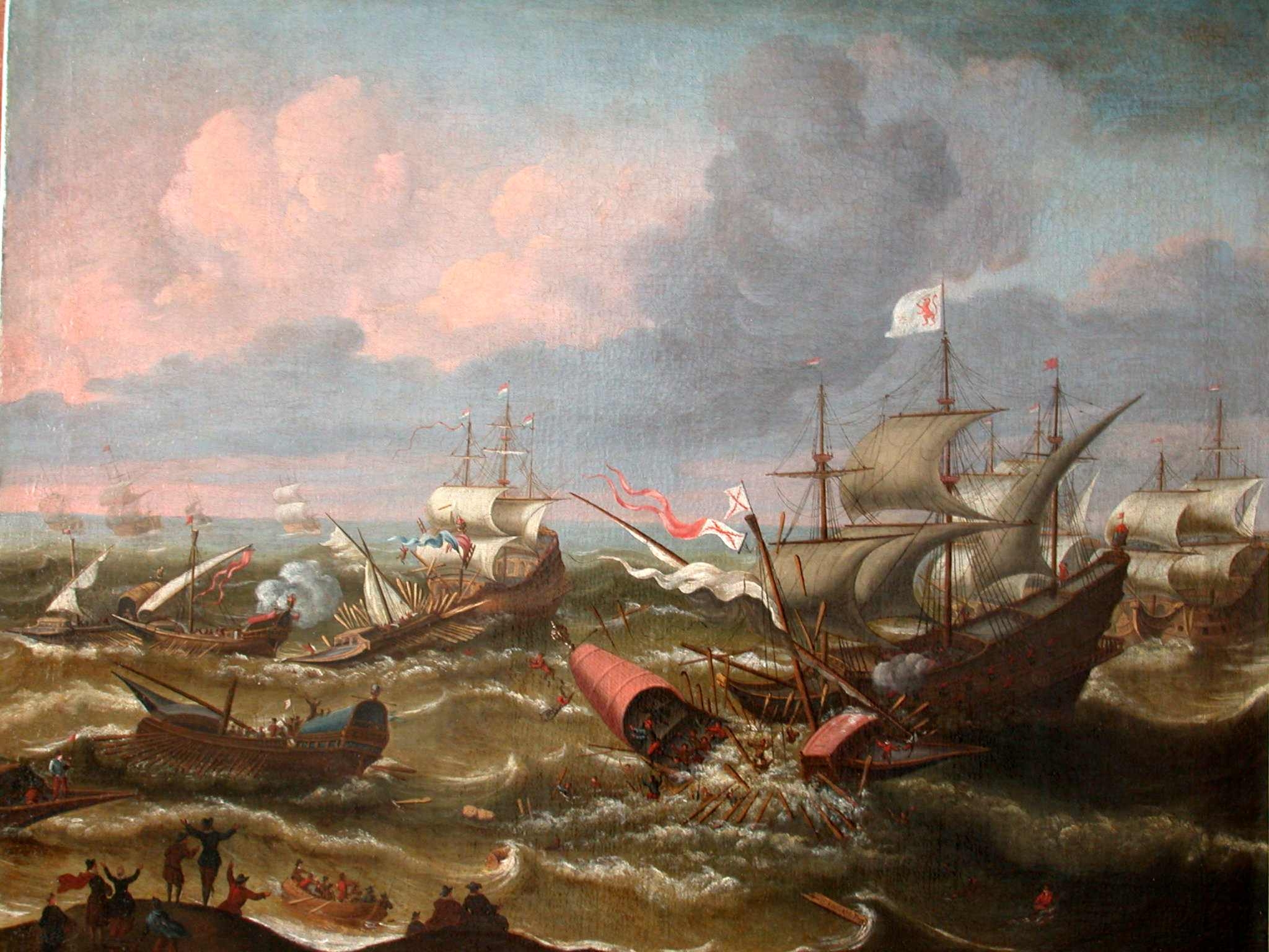 Halve Maene overvaart een galei op 3 oktober 1602. Ook wel gezien als een afbeelding van de Slag bij Sluis van 26 mei 1603