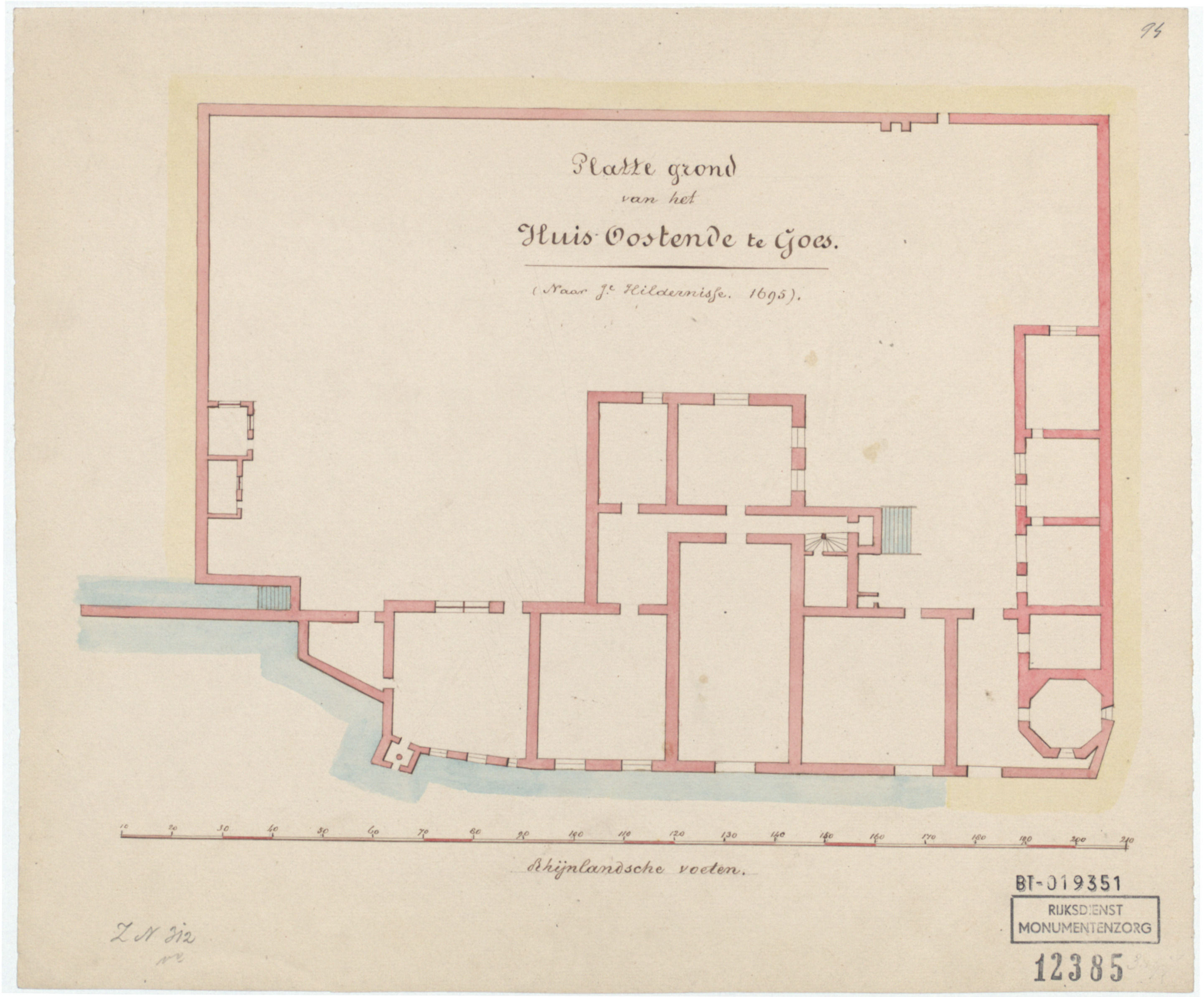 Oostende Castle in Goes by Hildernisse. This is a copy of the work that Hildernisse made in 1695. 
Note that Hildernisse or his copyist had a strong tendency to regularize buildings. I.e. draw an angle at 90 degrees, even its obviously not the case.