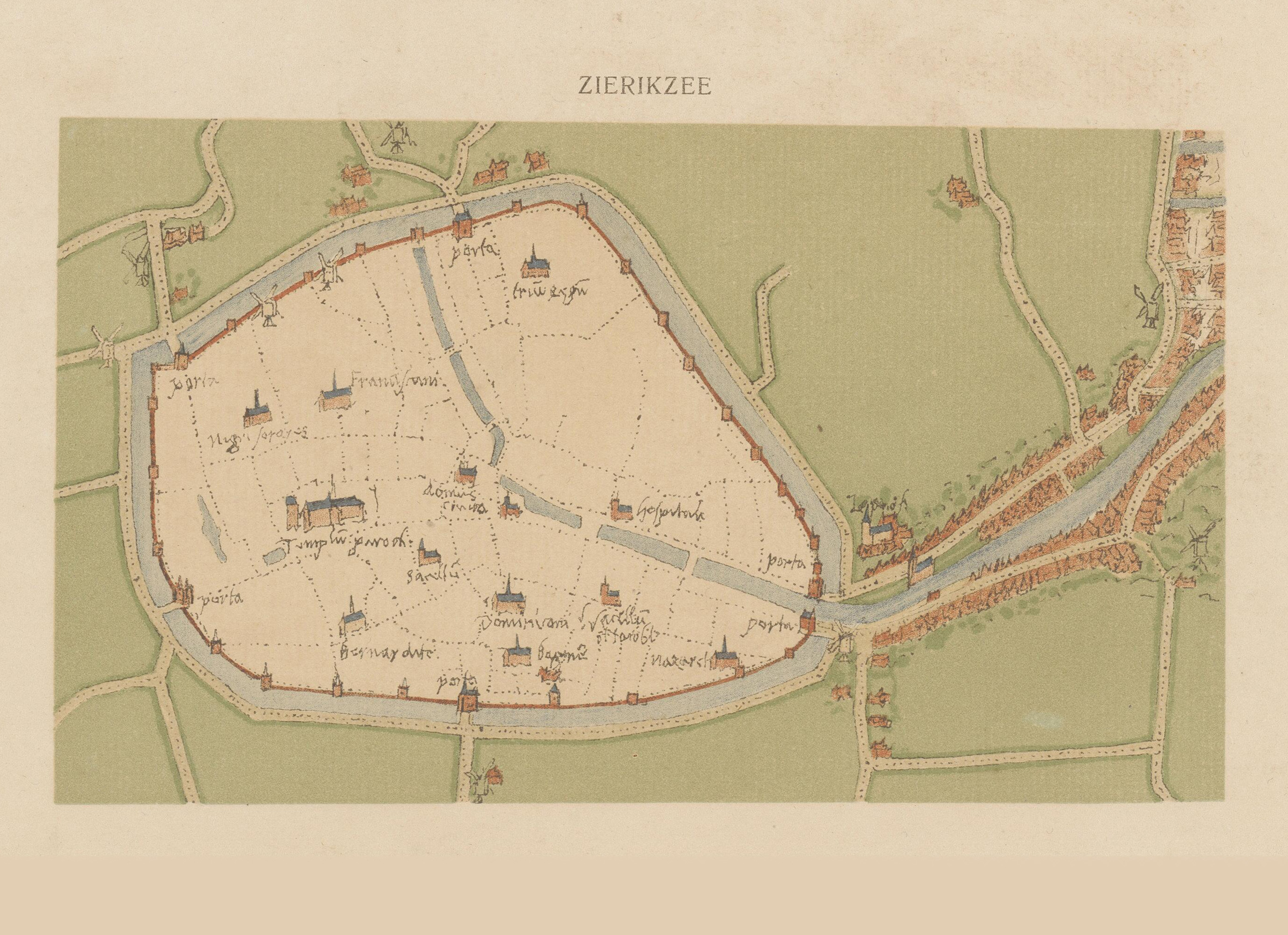Zierikzee Bijkaartje, gekopieerd en vervolgens gelithograveerd in het begin van de 20ste eeuw; 12,5 x 21,5 cm