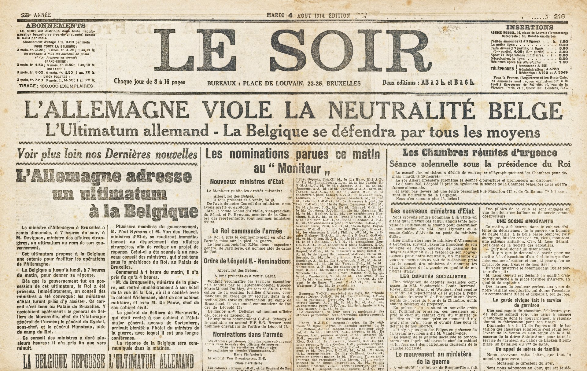 Headlines of the newspaper Le Soir (Brussels, Belgium) of August 4th, 1914, mentioning the German attack on Belgium