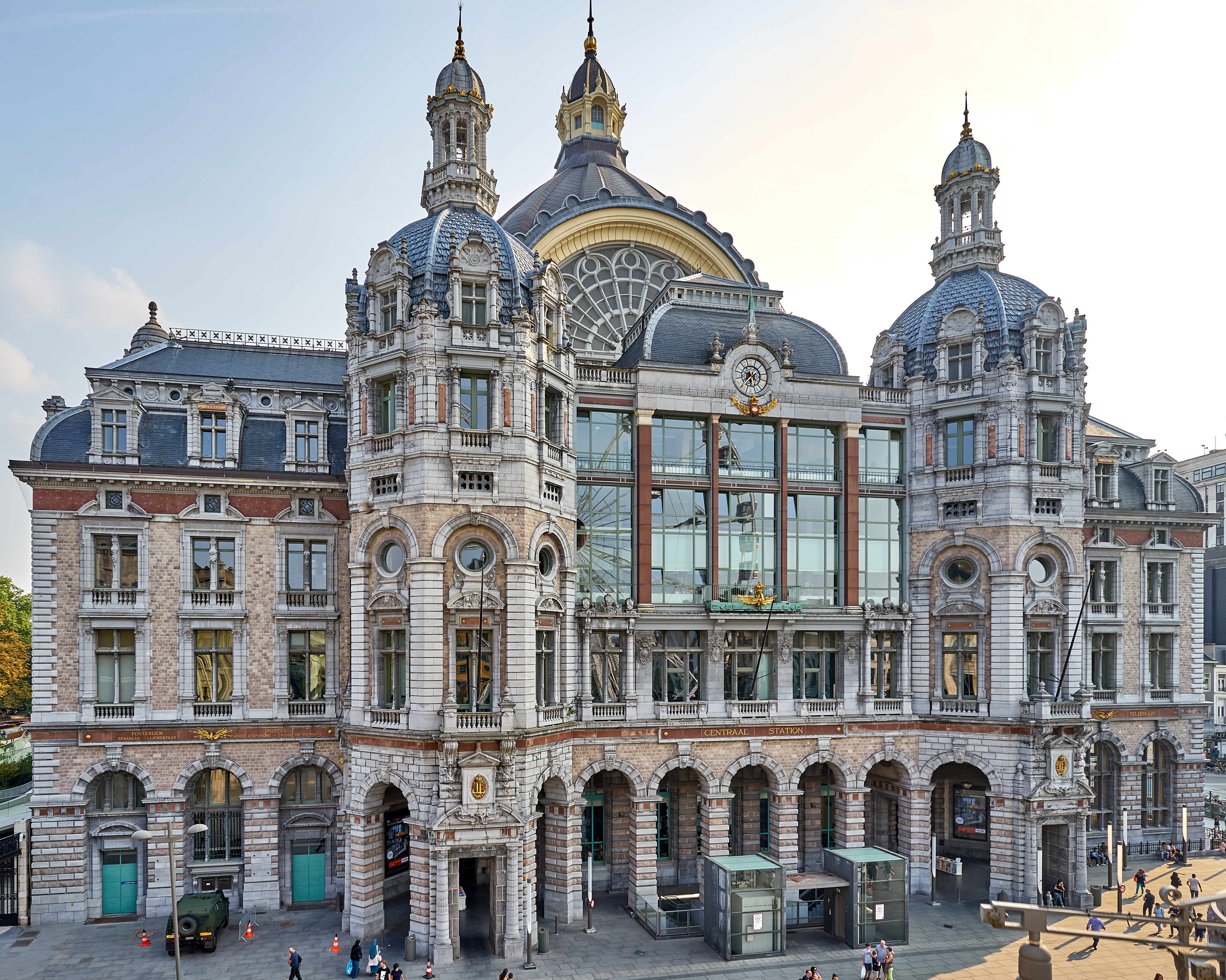 Frontal view of Antwerpen-Centraal railway station taken from a temporary ferris wheel right in front of the main entrances