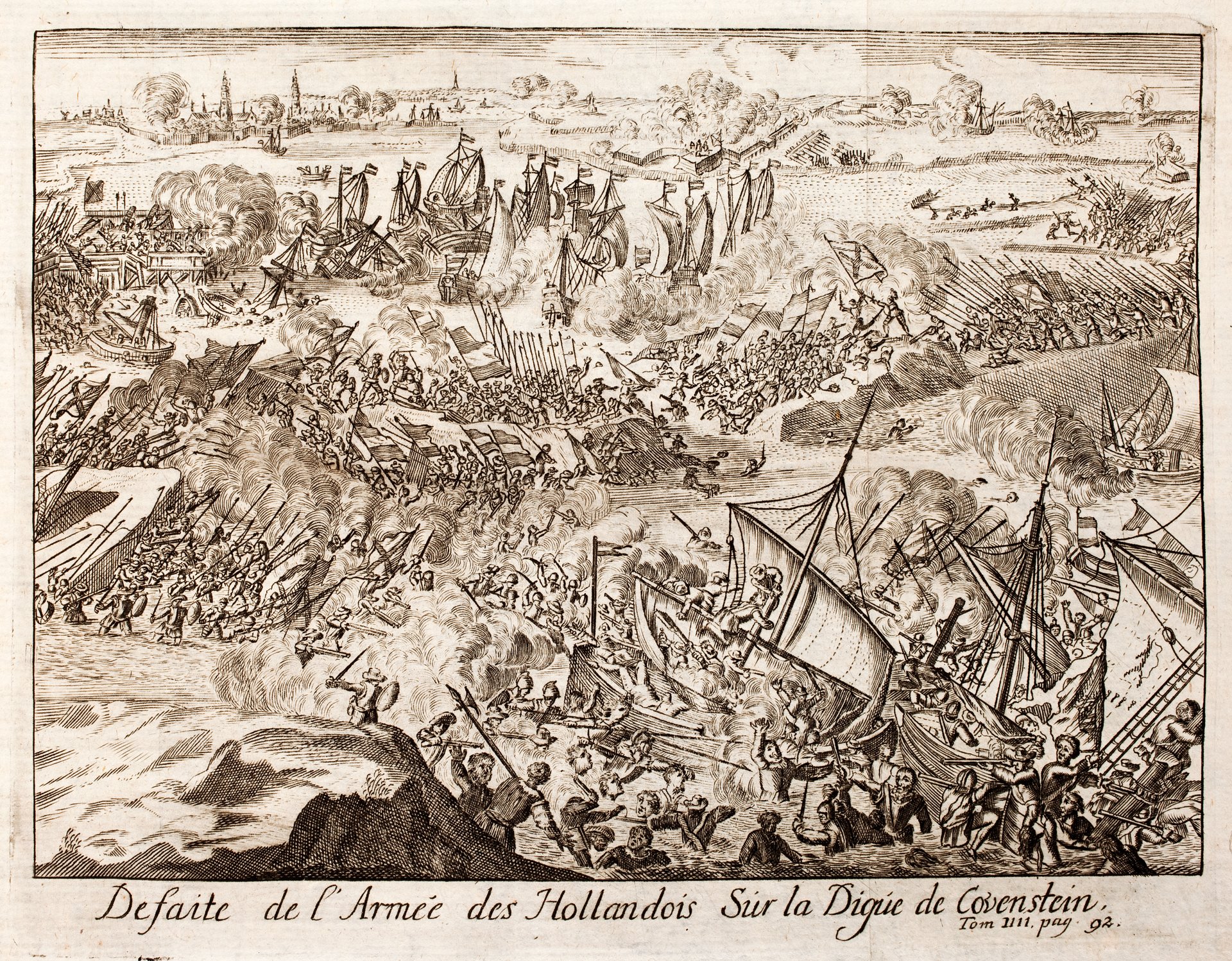 Defeat of the Dutch against the Spanish on the Kauwensteinse dike on the Scheldt near Antwerp, 26 May 1585. Ships, infantry, cannons firing, Parma's pontoon bridge in the distance.