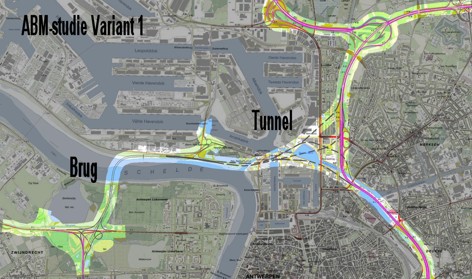 Studie sluiten ring: Variante 1 is de variante met een brug over de Schelde. Zoals elke variante is er een verkeerswisselaar met de N49 voorzien: ter plaatse van de huidige aansluiting van de E17. Het bestaande complex wordt behouden en de R1 gaat erover en stijgt naar de brug die zich bevindt op 35 m boven het hoog waterpeil. Teneinde hoge schepen door te laten is een beweegbare brug (hefbrug tot 50 m boven hoogwater) voorzien. De toeritten zowel boven water als boven de beide oevers zijn in de vorm van een lange viaduct. De ring vervolgt langs de Scheldelaan en daalt om ondergronds te gaan ter hoogte van het Noordkasteel. Ter plaatse van Oosterweel is een rondpunt voorzien voor aansluiting met het verkeer op de R.O.. Het vervolg wordt uitgevoerd met geboorde tunnels: voor elke rijrichting één tunnel met 2 rijstroken. De tunnel naar de ring splitst ter hoogte van het Suezdok (open bouwput). Een tunnel naar het zuiden komt bovengronds ter hoogte van Yzerlaan en sluit aan met viaduct op de ring naar het zuiden ter hoogte van Lobroekdok. De noordelijke tak komt boven ten noorden van aansluitcomplex Groenendaallaan. De takken komende van de ring: uit het zuiden met een viaduct over het Albertkanaal, langs de RWZI van Merksem, ondergronds ten zuiden van het complex Groenendaallaan. de tak uit het noorden: Ondergronds. De twee takken komende van de ring komen samen ( open bouwput) ten noorden van Straatsburgdok.