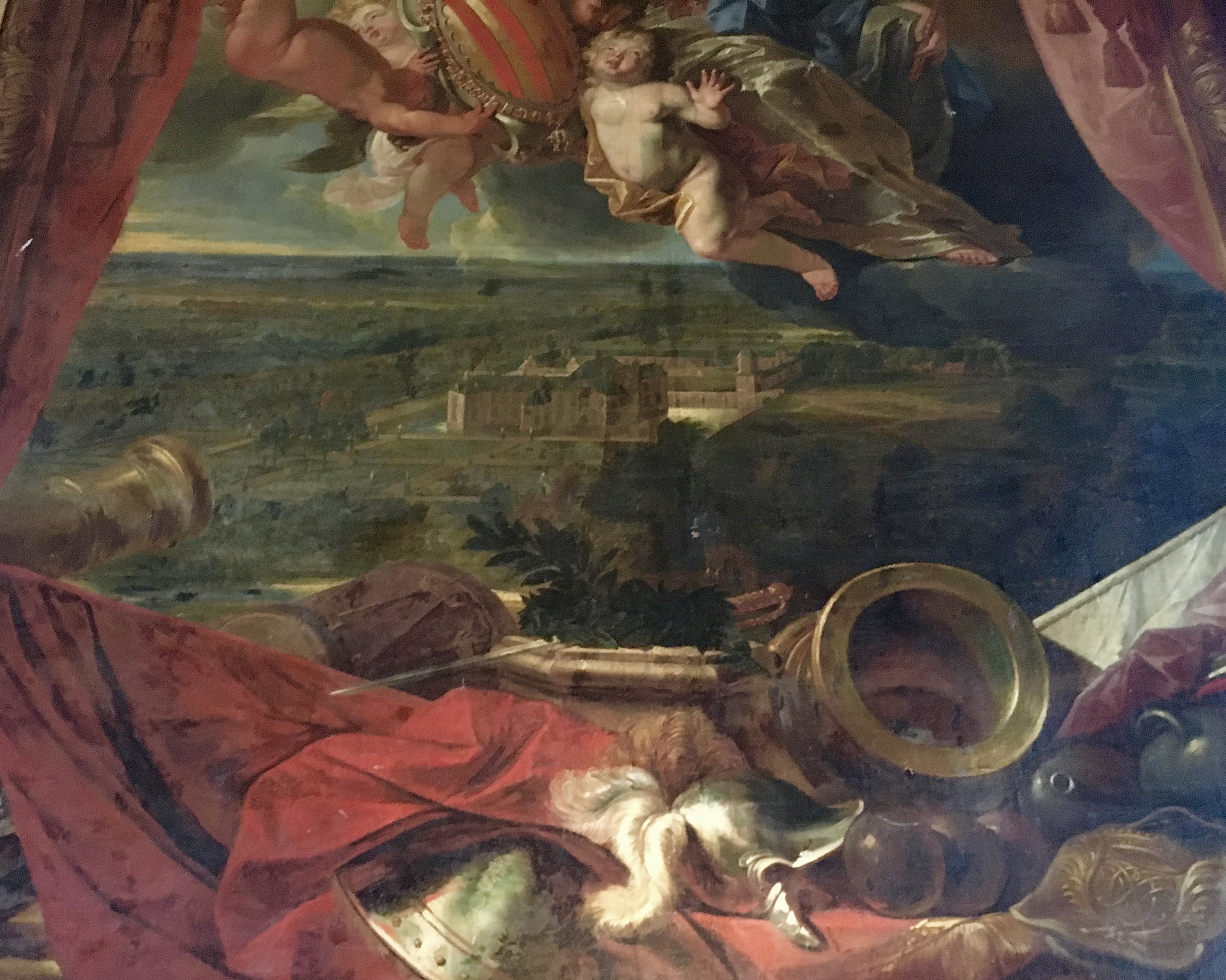 A representation of the Castle of Westerlo (de Merode) and its grounds in the beginning of the 18th century. Detail of a tapestry cartoon by Jan van Orley (1665-1735) made for Field Marshalle Jean-Philippe-Eugene de Mérode representing his belongings with personifications of the virtues. Collection Prince de Merode, castle of Westerlo