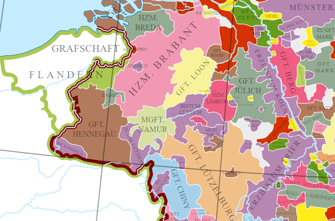 Flanders Brabant Hainaut Loon Liège Limburg Jülich Cologne Berg Namur Chiny Luxemburg (Lützelburg) Trier and other lands in the Holy Roman Empire around 1250, in the Hohenstaufen era.