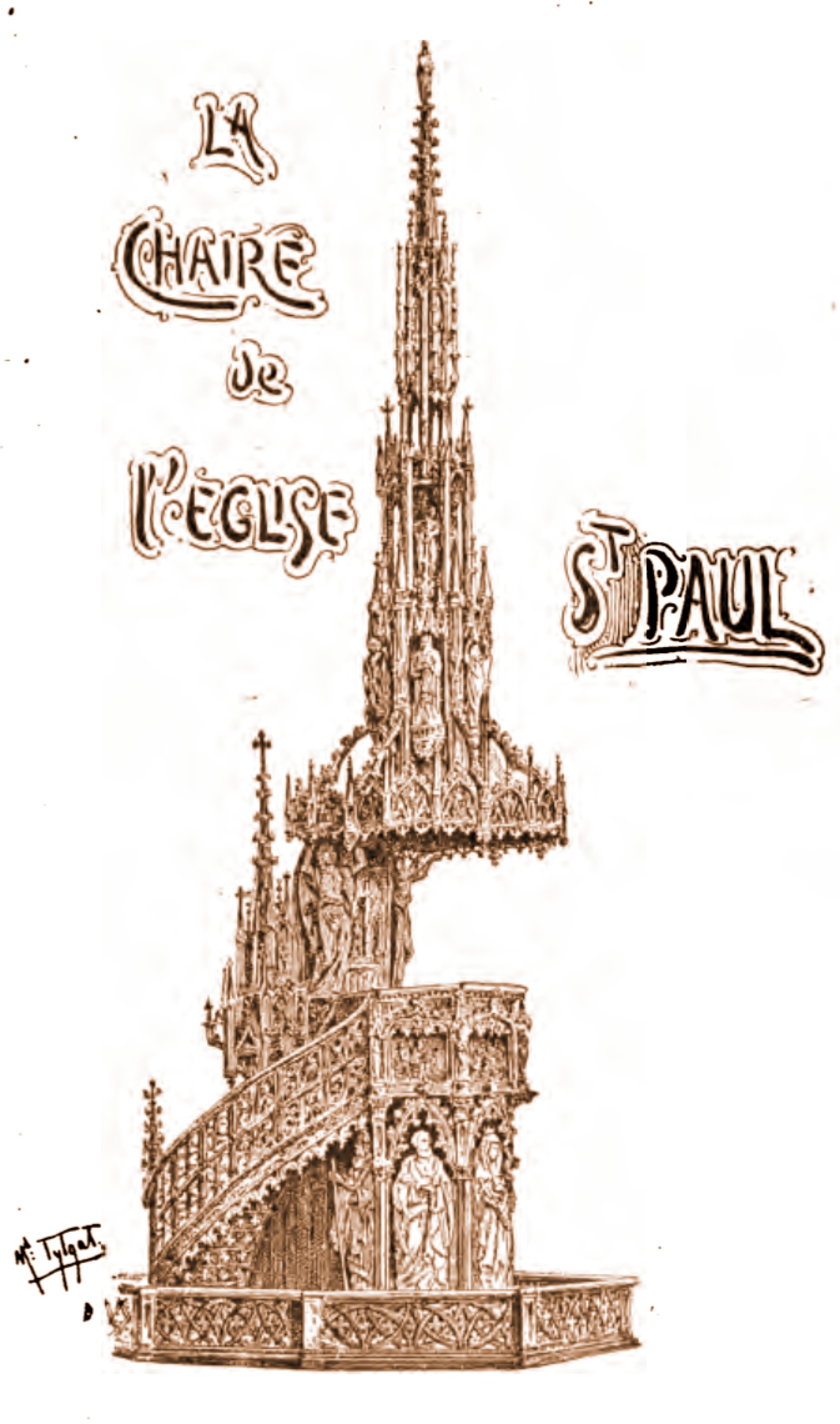La chaire de l'église St. Paul by the Belgian illustrator Médard Tytgat (1871-1948). Illustration of the pulpit at St. Paul's Cathedral, Liège, Belgium, designed by Guillaume Geefs. This version has been sepia-toned.