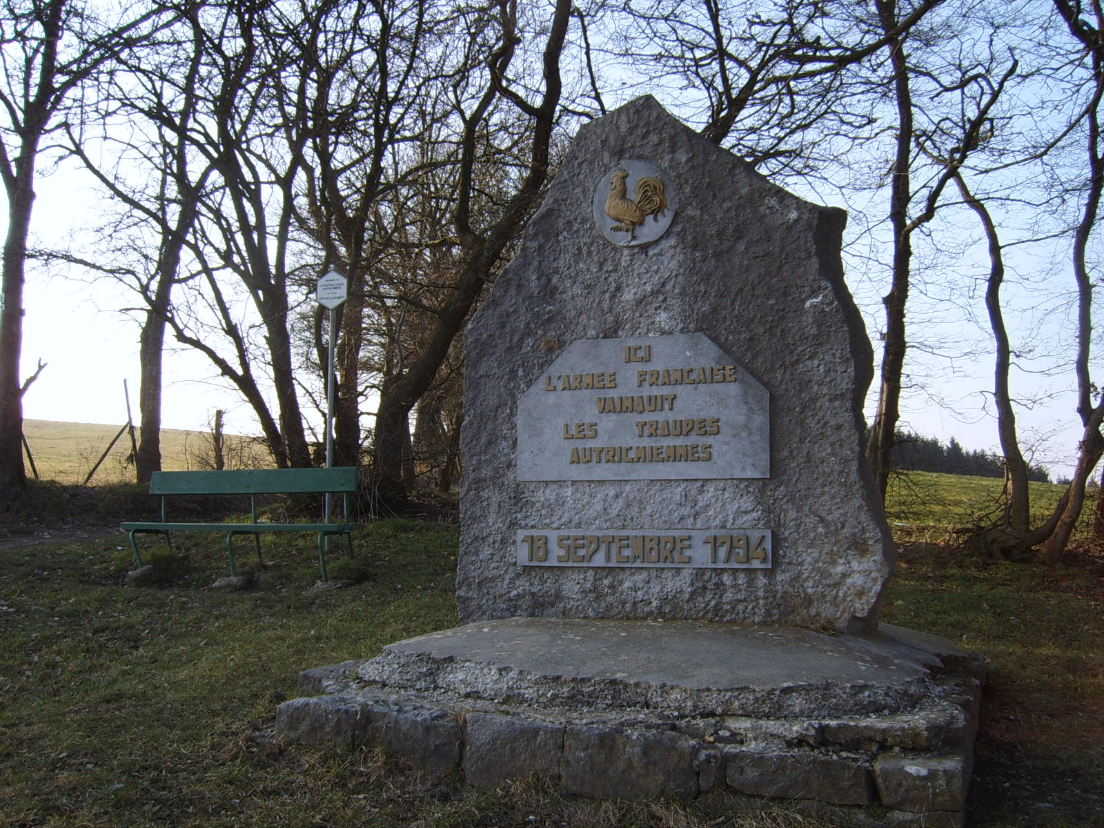 La Redoute Liège-Bastogne-Liège's bicycle race difficulty at Aywaille; Monument in honour of the French victory against the Austrian Troops in 1794
Text: "Here the French Army won against the Austrian troops".