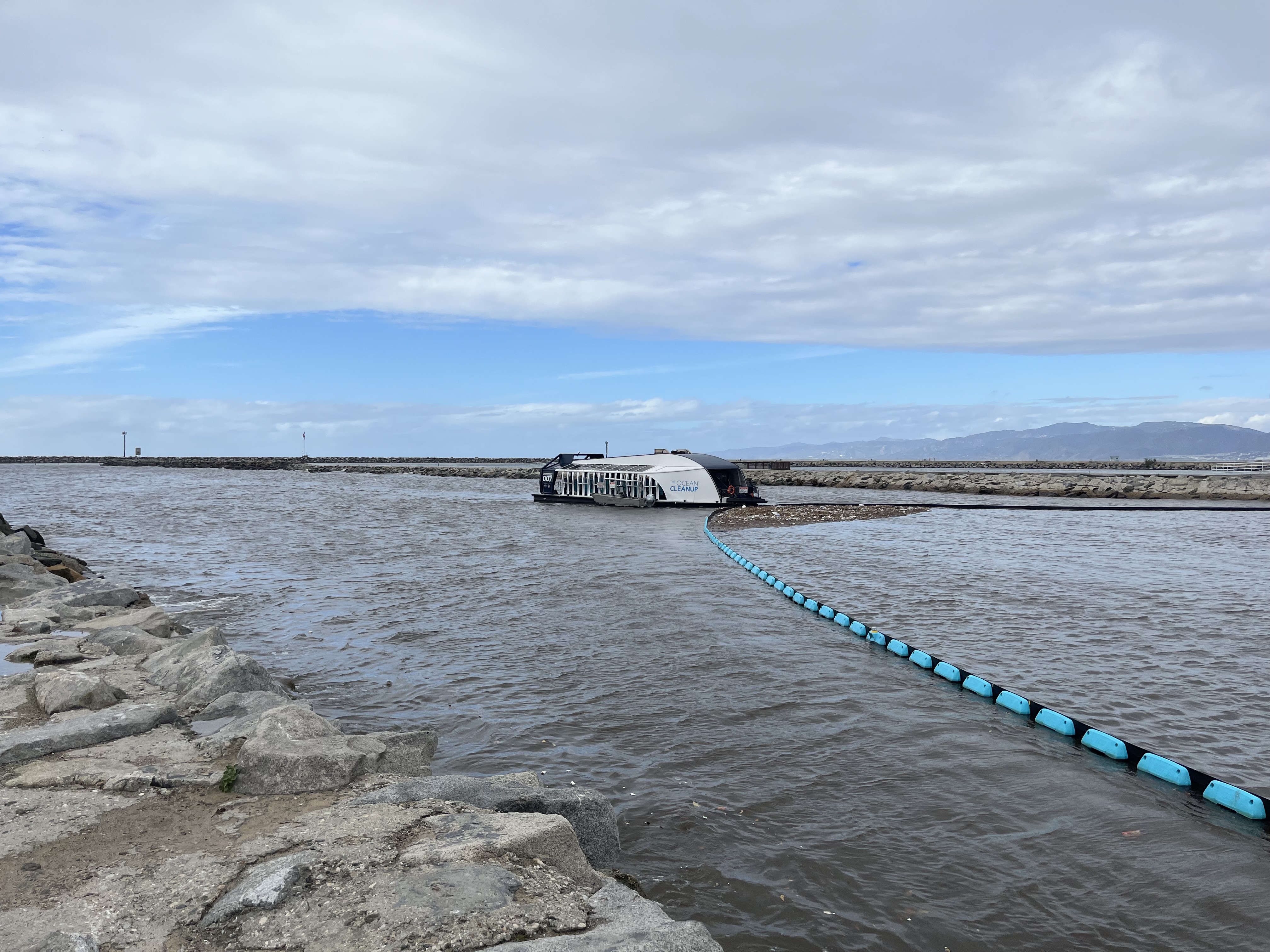 The Ocean Cleanup's Interceptor Original at the mouth of Ballona Creek, looking northwest