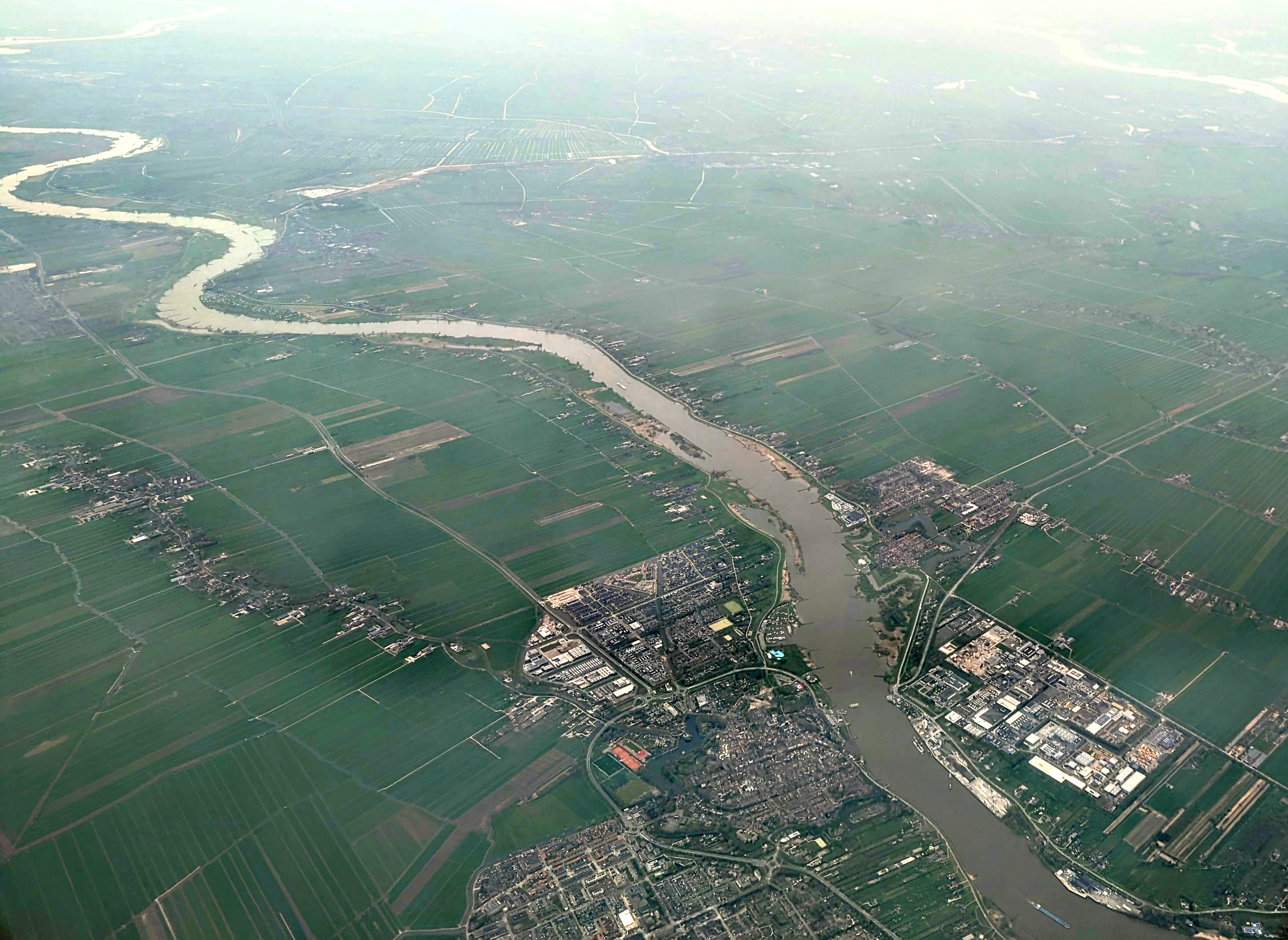 Aerial view of Schoonhoven and Nieuwpoort, on the De Lek river, Netherlands