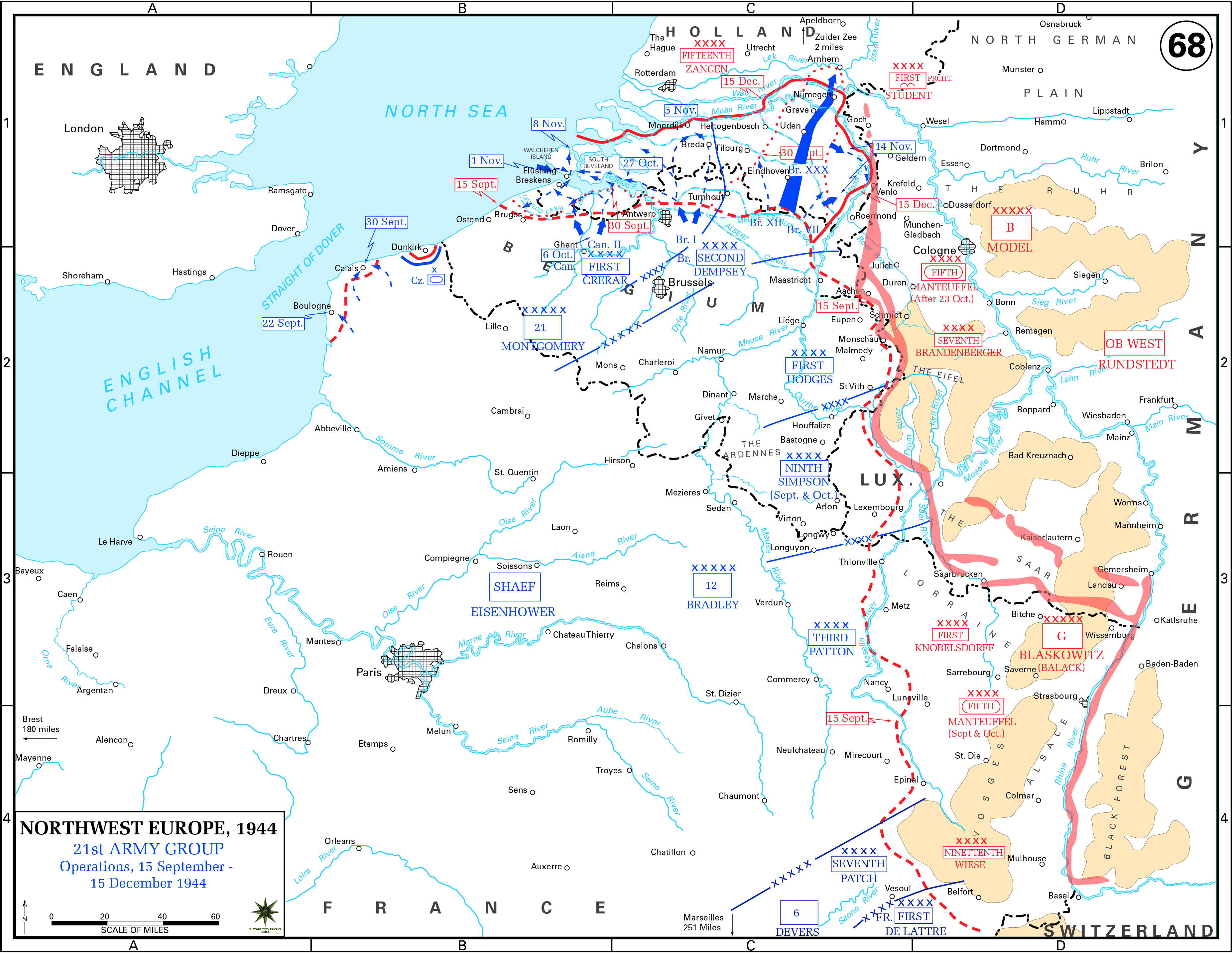 21st Army Group Operations, 15 September-15 December 1944. Allied formations and advances are depicted in blue. German formations are depicted in red.