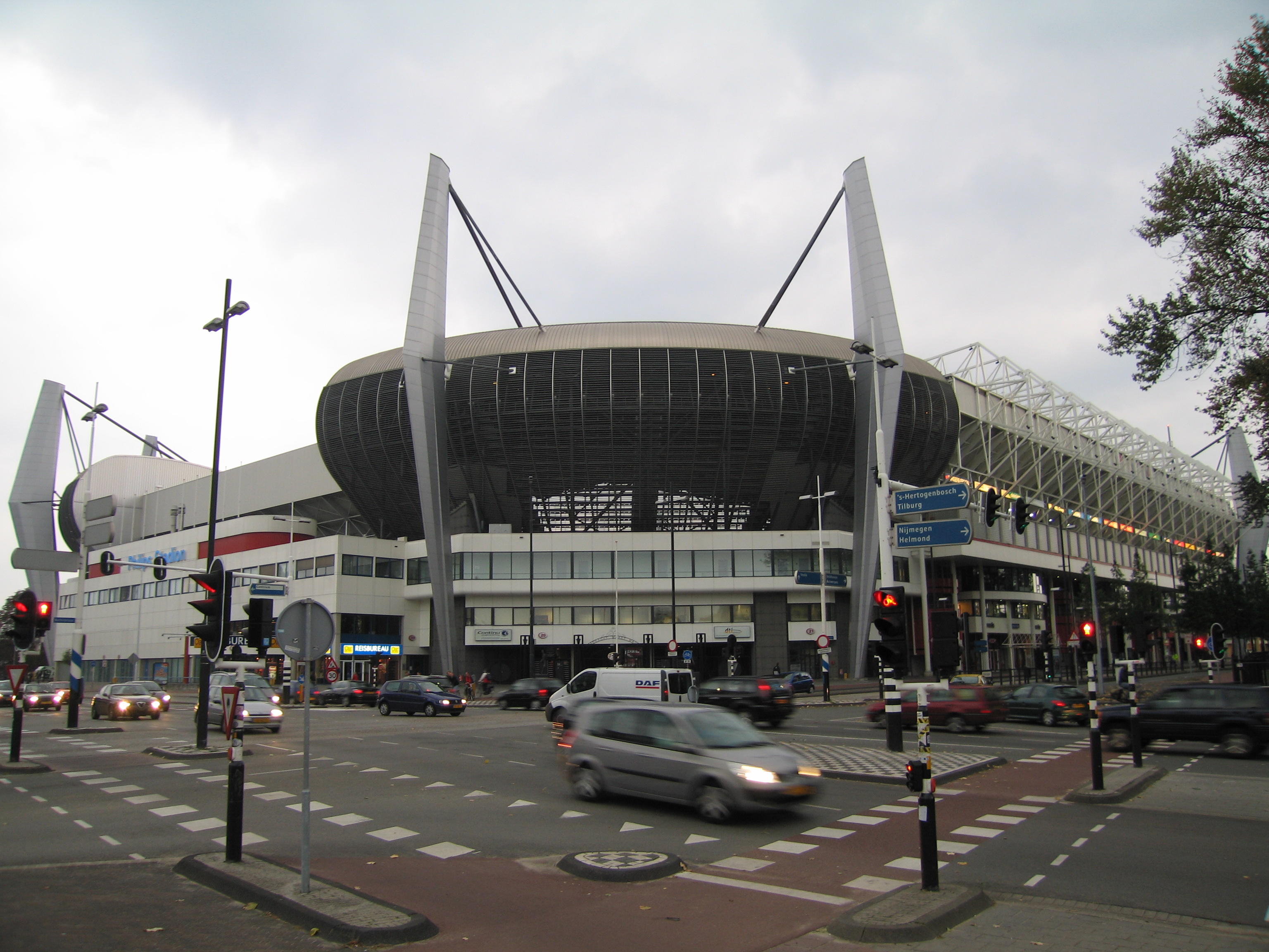 Philips Stadion showing the ventilating corner seats, to allow airflow over the pitch for better grass quality