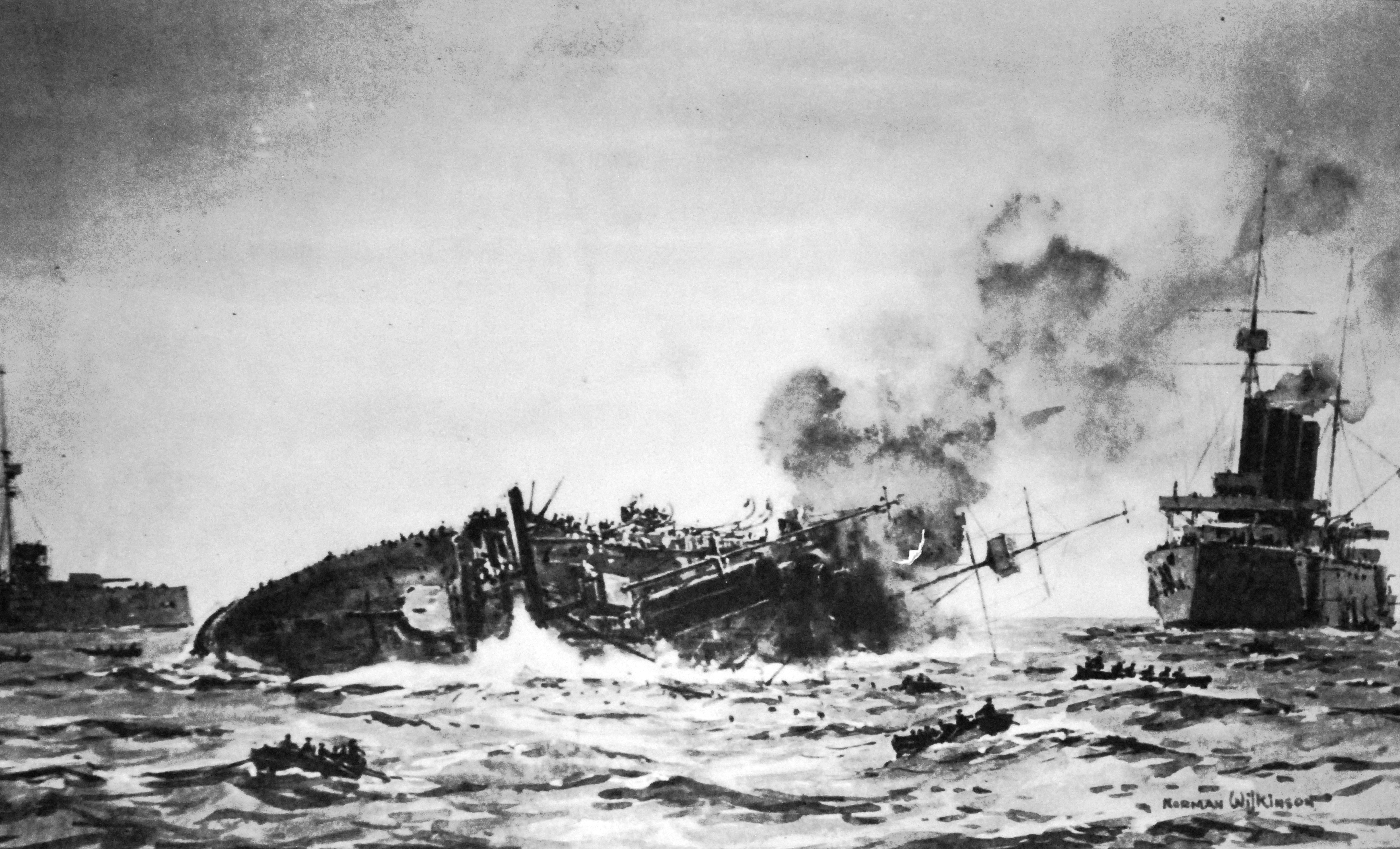 Lot 9706-3:  Loss of HMS Aboukir, Royal Navy, Cressy-class armored cruiser which was sunk by German submarine U-9 on September 22, 1914.  Artwork by Norman Wilkinson. (7/17/2015). National Museum of the U.S. Navy
