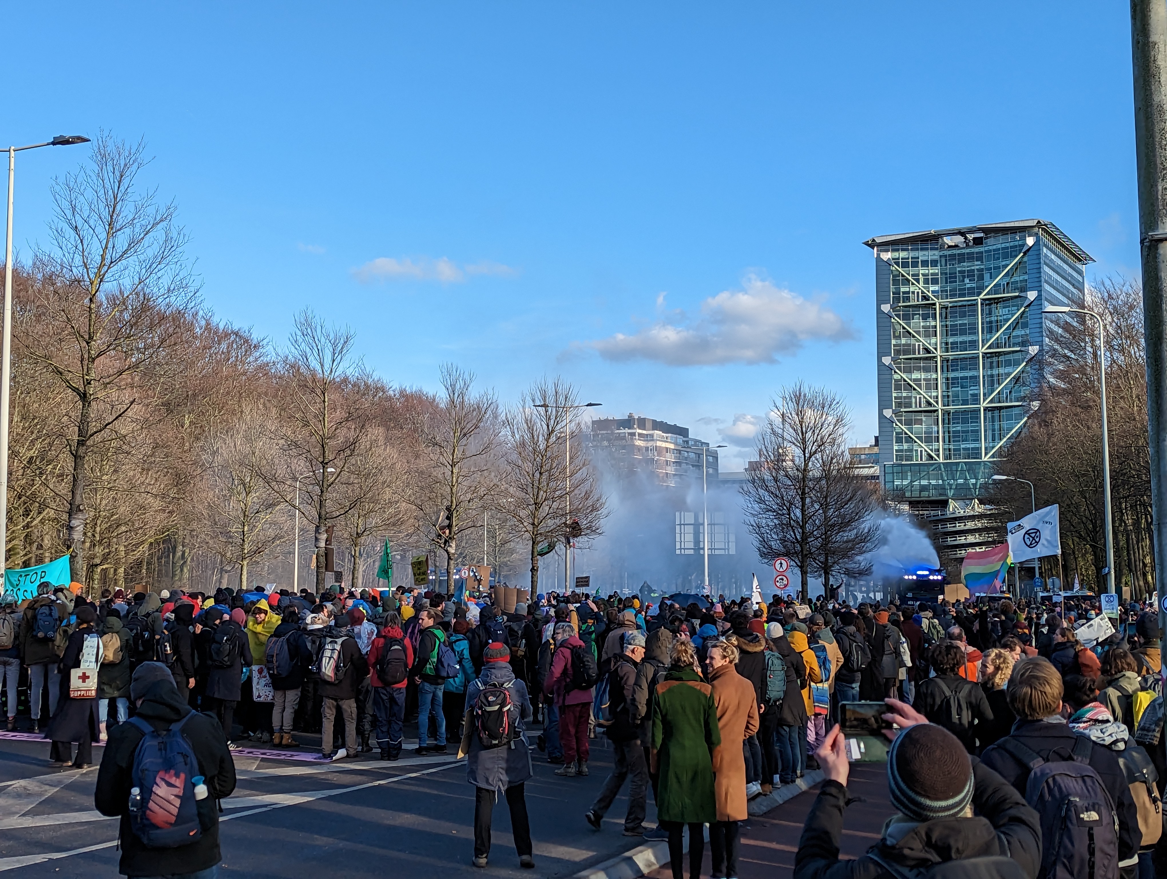 Demonstrators from Extinction Rebellion, as part of a demonstration against fossil subsidies in the Netherlands, occupied the A12 motorway exit on 11 March 2023, which had been cordoned off by police. Police used water cannons to disperse the protesters.