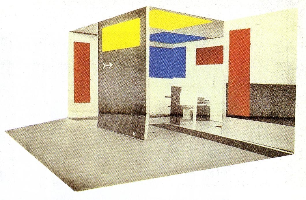 Anoniem (foto) en nl:Theo van Doesburg (1883-1931; inkleuring). Maquette van nl:Gerrit Rietveld en nl:Vilmos Huszàr voor de Grote Berlijnse Kunsttentoonstelling. 1923. Ingekleurde foto. Gepubliceerd in L'Architecture Vivante in najaar 1924. Afkomstig uit Paul Overy (1997). De Stijl. London: Thames and Hudson, pp. 94-96. ISBN 0500202400
