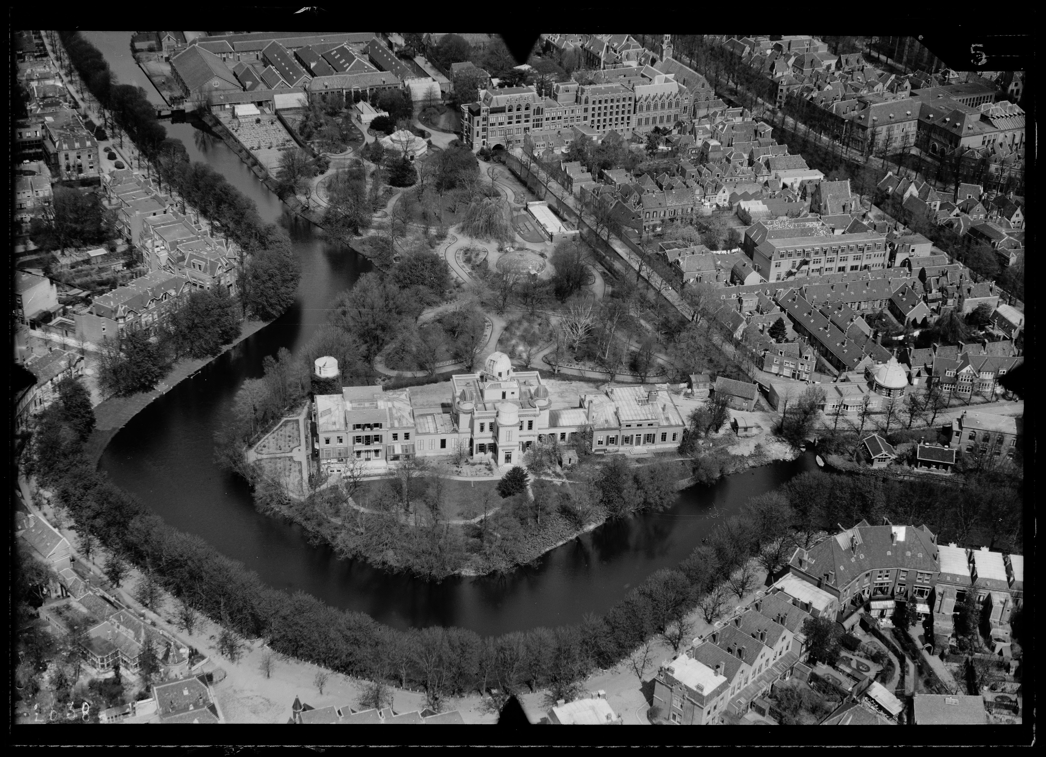 Aerial photograph of Leiden, The Netherlands. Hortus botanicus, Observatory.