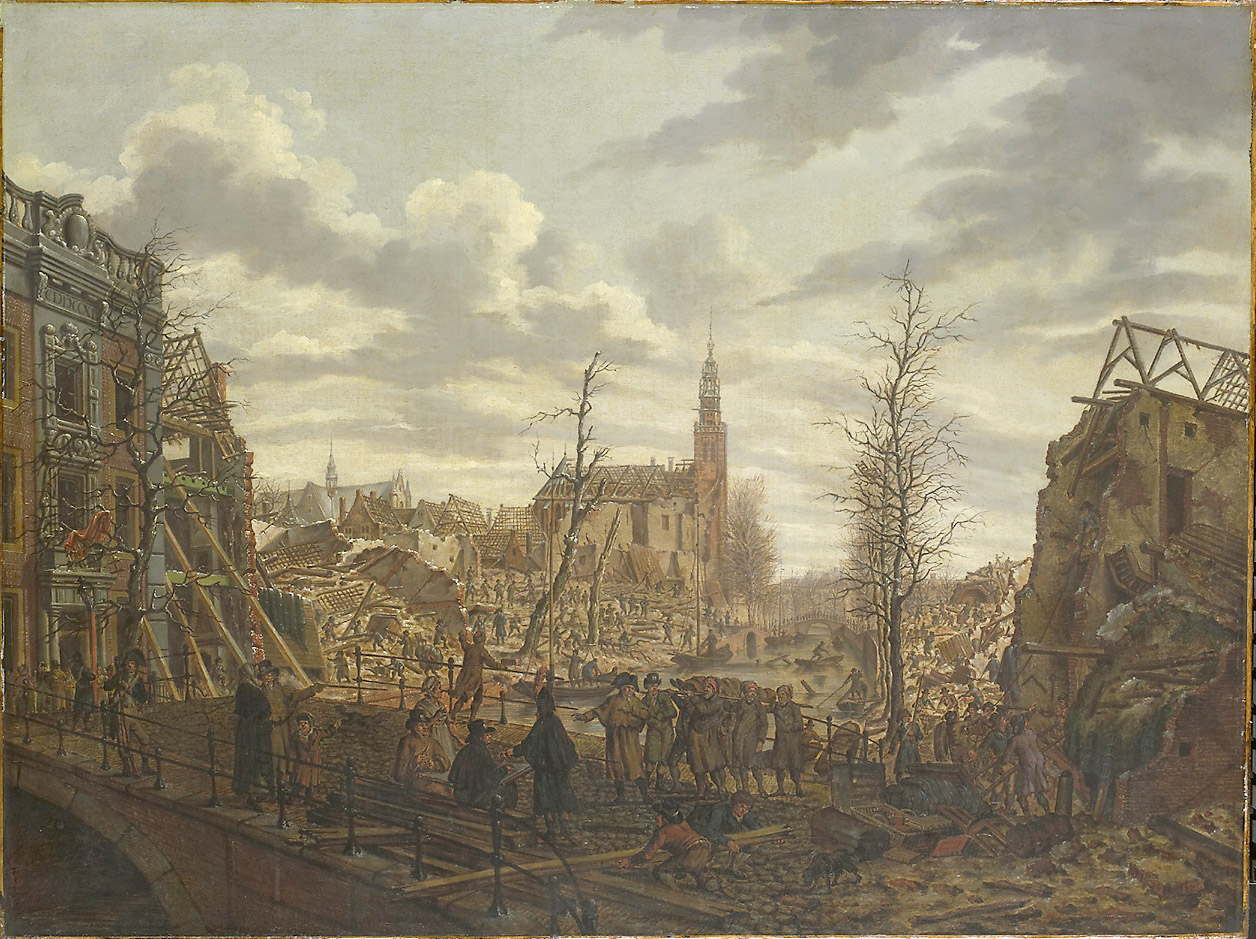 Johannes Jelgerhuis - Het Rapenburg te Leiden drie dagen na de ontploffing van het kruitschip op 12 januari 1807.jpg
