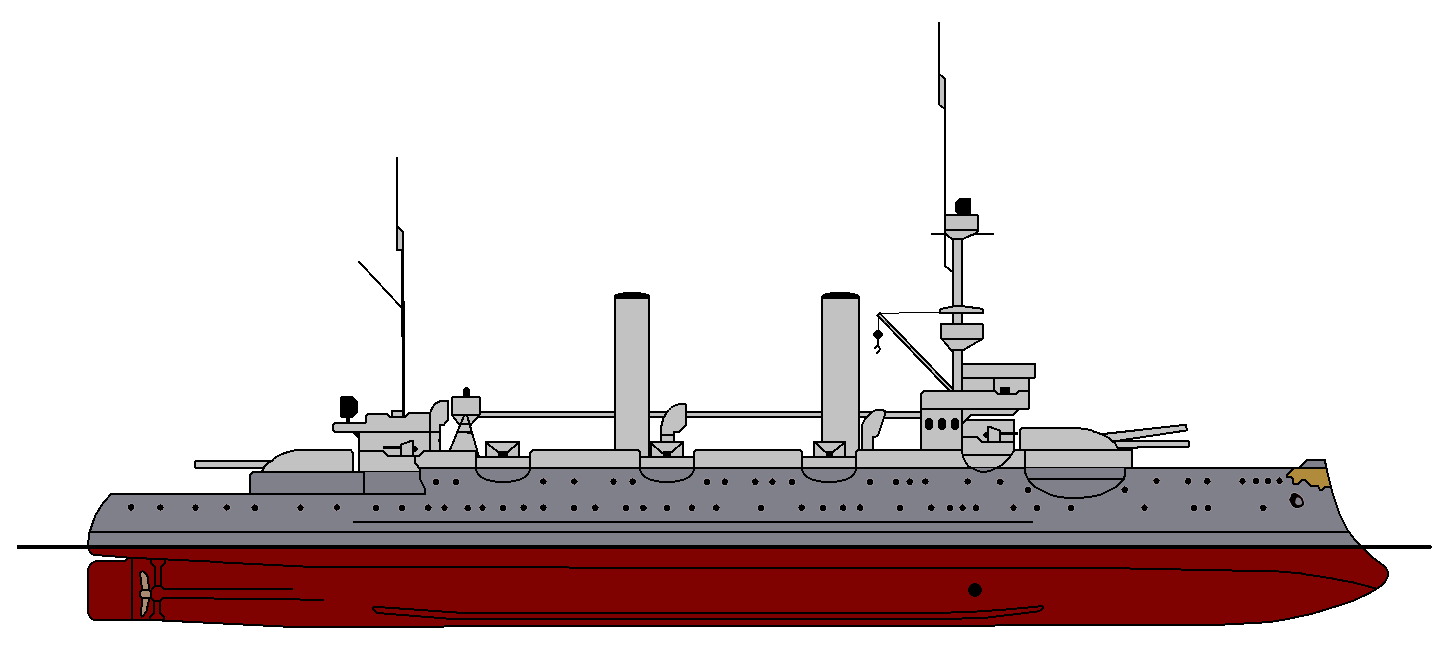 Seitenriss des deutschen Küstenpanzerschiffs SMS Hagen im Zustand von 1910 mit der ab  1895 gültigen Farbgebung von steuerbord.