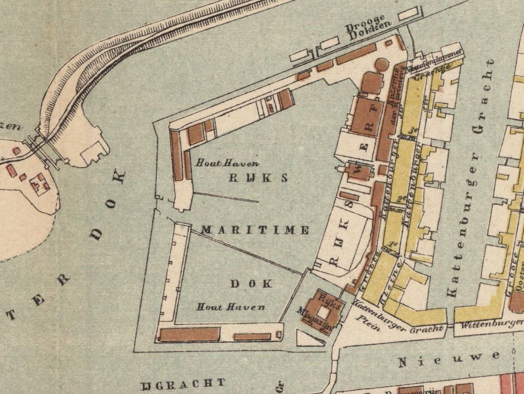 Plattegrond uit 1875 van de rijkswerf op Kattenburg, Amsterdam. Uitsnede van de Plattegrond van Amsterdam van A. Braakensiek uit 1875.