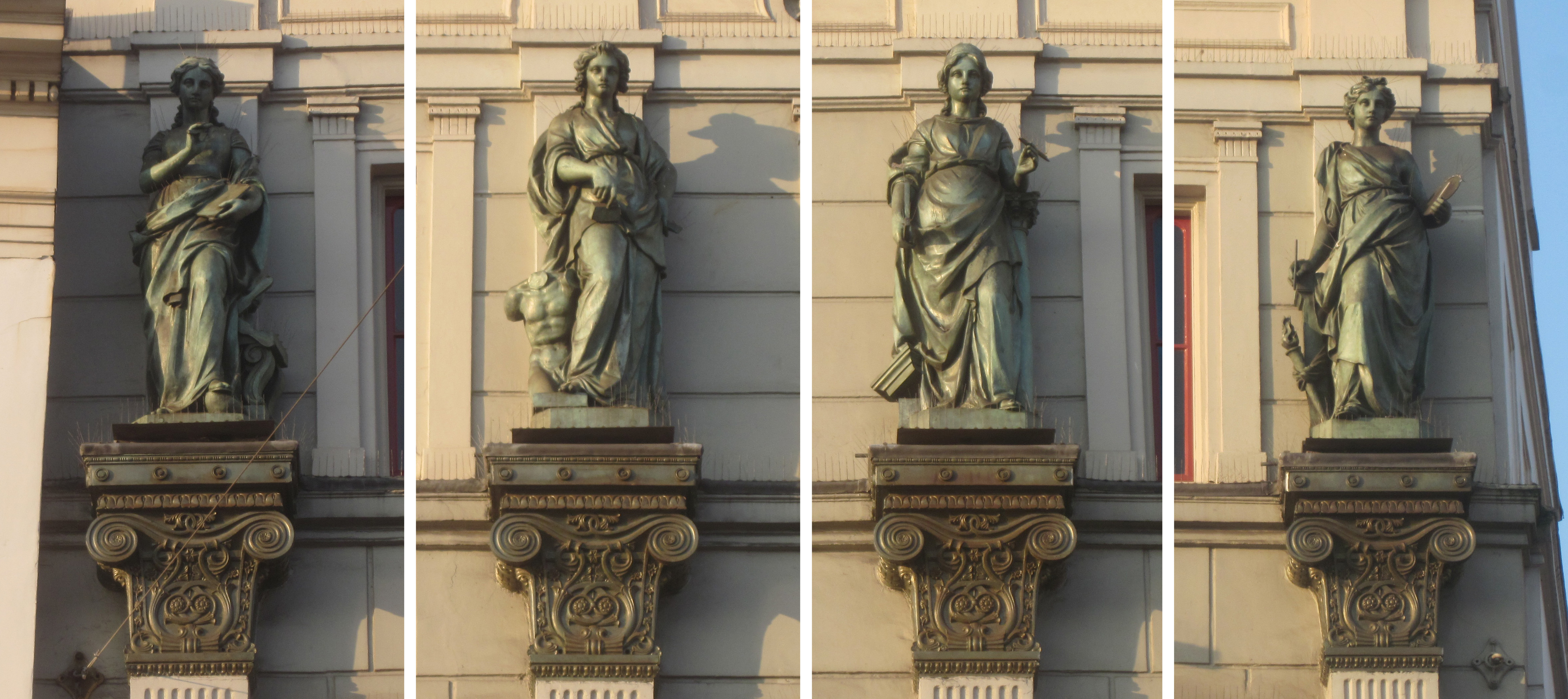 Four allegories (Architecture, Sculpture, Painting, Graphics) on the top floor of the building of "Arti et Amicitiae" at the Rokin in Amsterdam. Made by Franz Stracké in 1855 as wooden sculpture and turned into bronze sculptures in 1989.