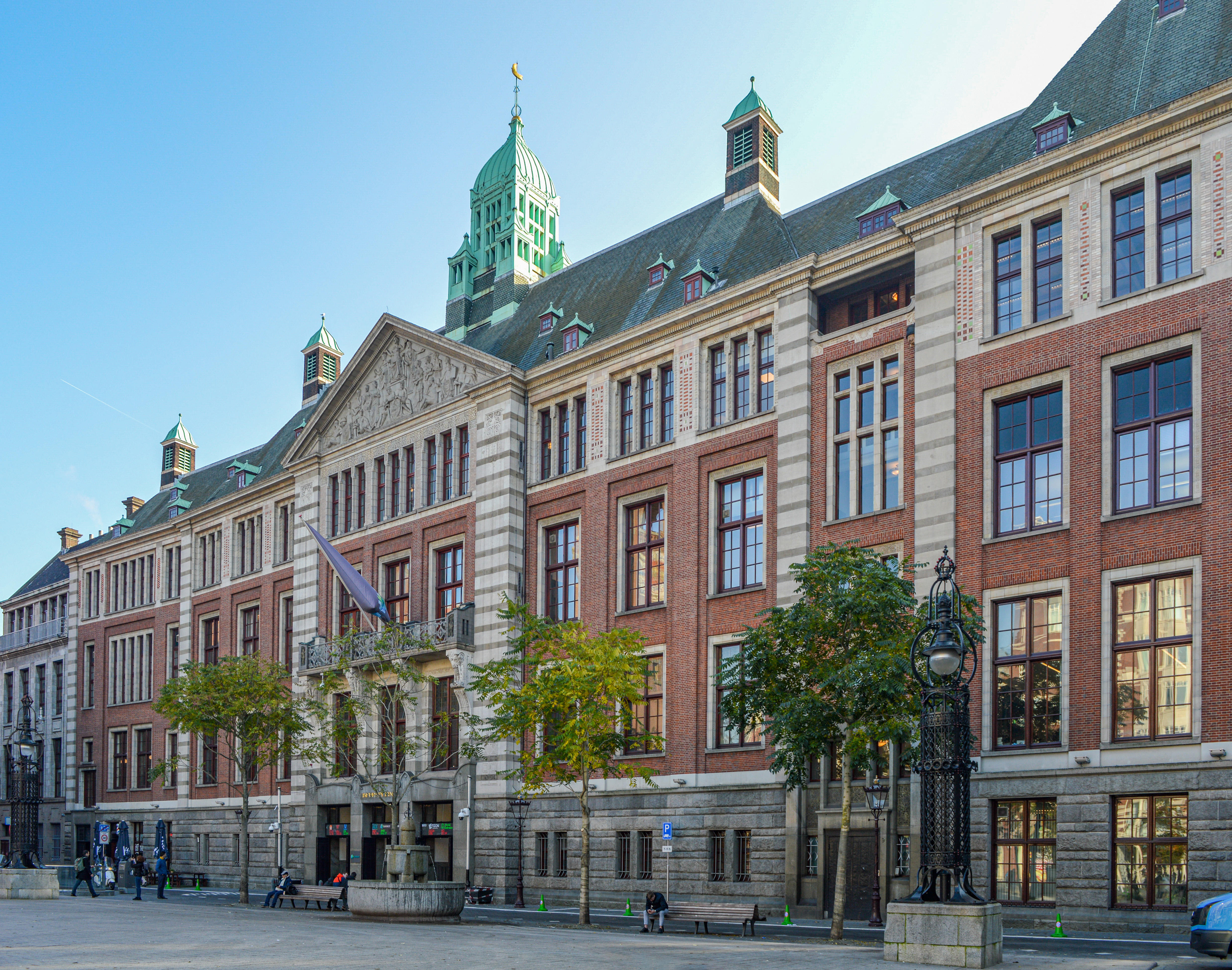 Cropped and edited photograph of Beursplein 5, Beursplein, Amsterdam.
Beursplein 5 was opened on December 22, 1913, replacing Beurs van Berlage as the home of the Amsterdam Stock Exchange. Today, the building is home to Euronext Amsterdam, created from the merger of exchanges in Amsterdam, Paris and Brussels. The building was designed by Dutch architect Joseph Cuypers.