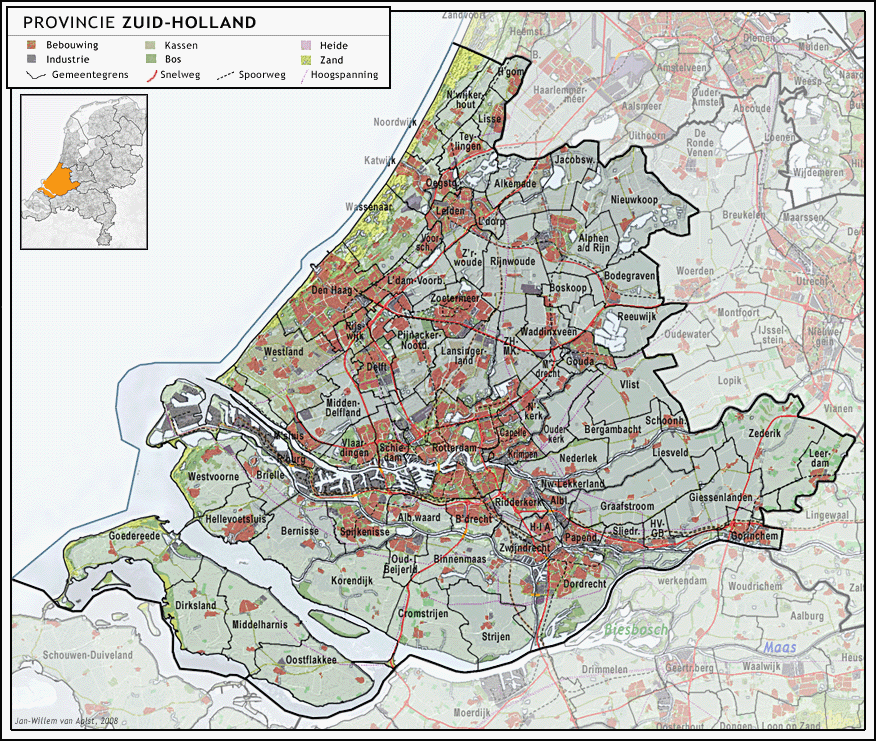 Provincie Zuid-Holland (2008) met indeling van gemeenten en impressie van het landschap.