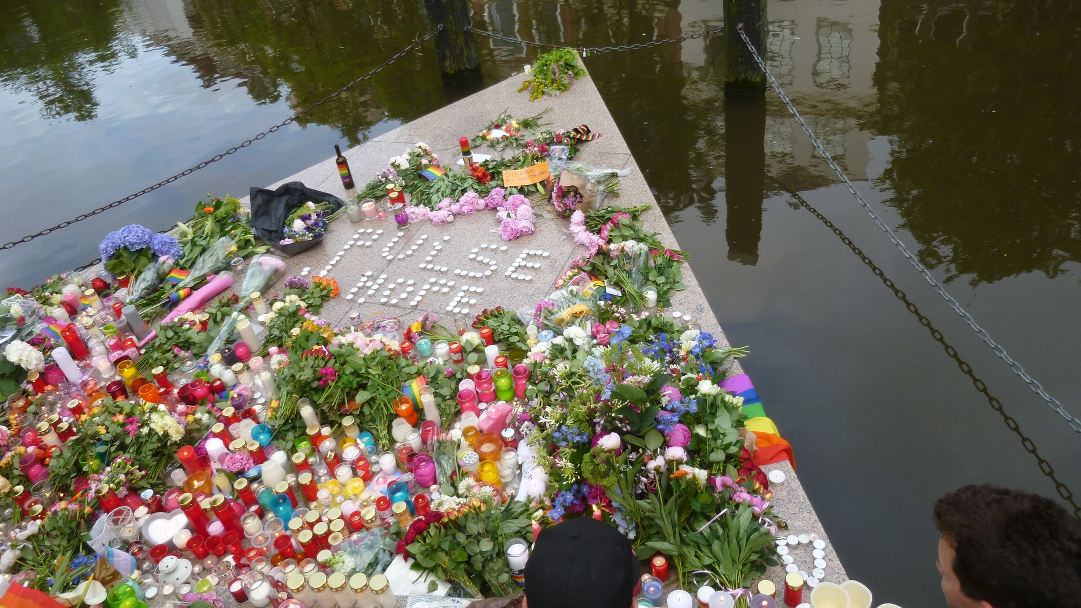 Homomonument, Amsterdam, tribute to victims of Pulse nightclub shooting, June 2016.