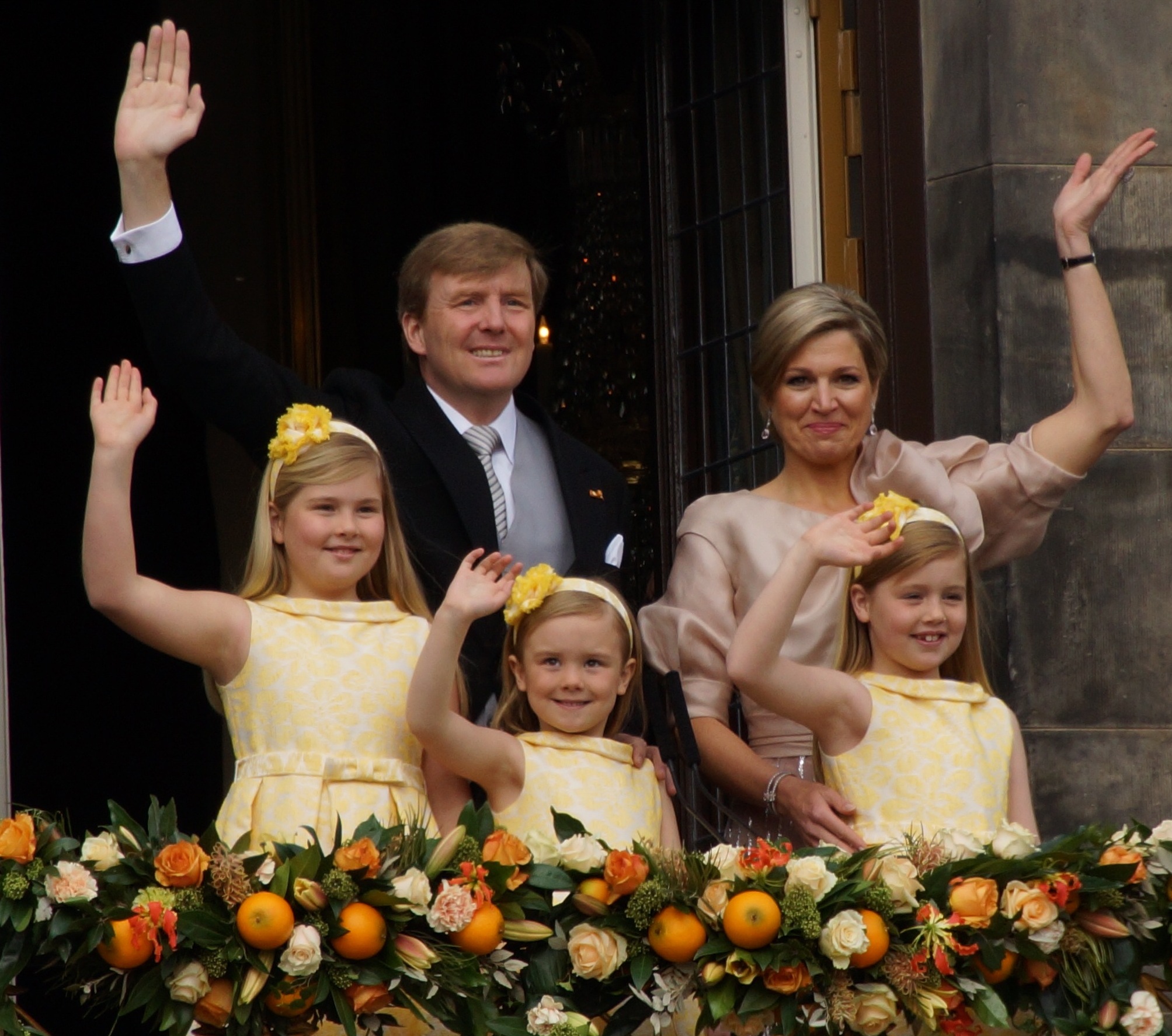 King Willem-Alexander, Queen Maxima and Princesses Catharina-Amalia, Alexia and Ariane during the balcony scene after the abdication of Beatrix.