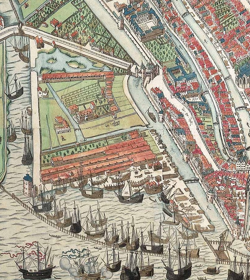 De Lastage, een deel van de Vogelvluchtkaart van Amsterdam door Cornelis Anthonisz., schilder, graveur en cartograaf.