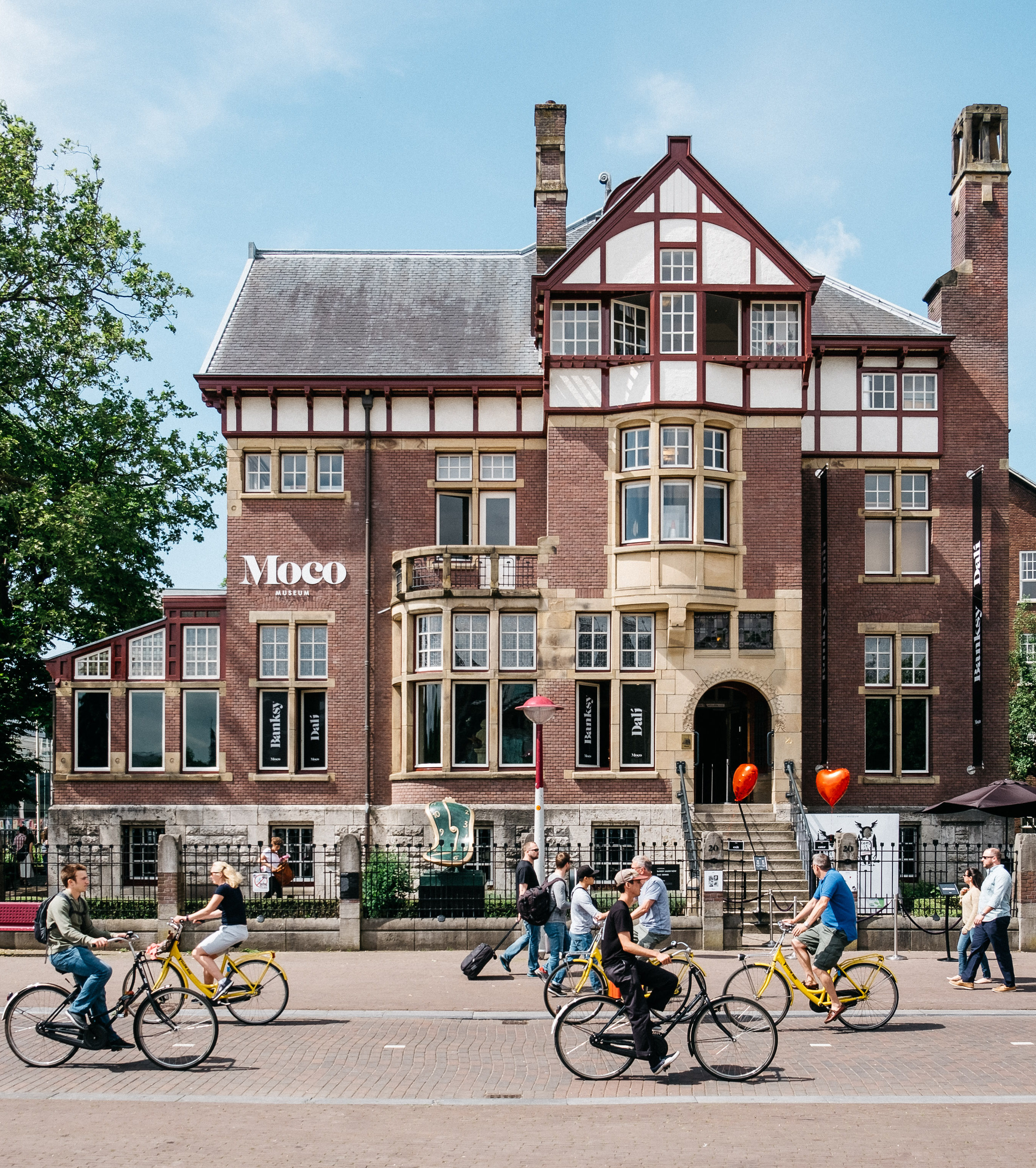 This an exterior shot of Moco Museum in Amsterdam, the Netherlands.