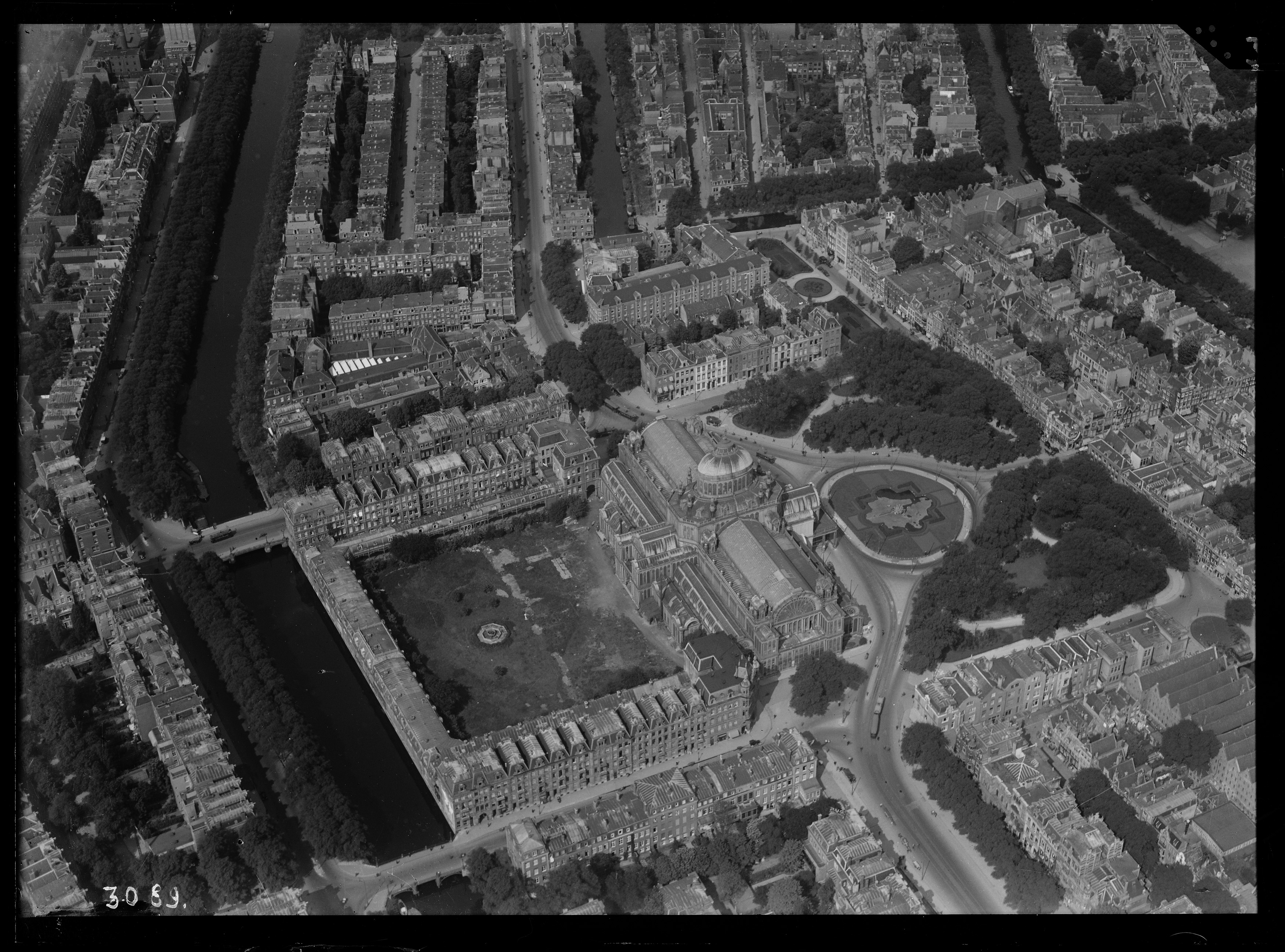 Aerial photograph of Amsterdam, The Netherlands. Paleis voor Volksvlijt before it burned down in 1929.