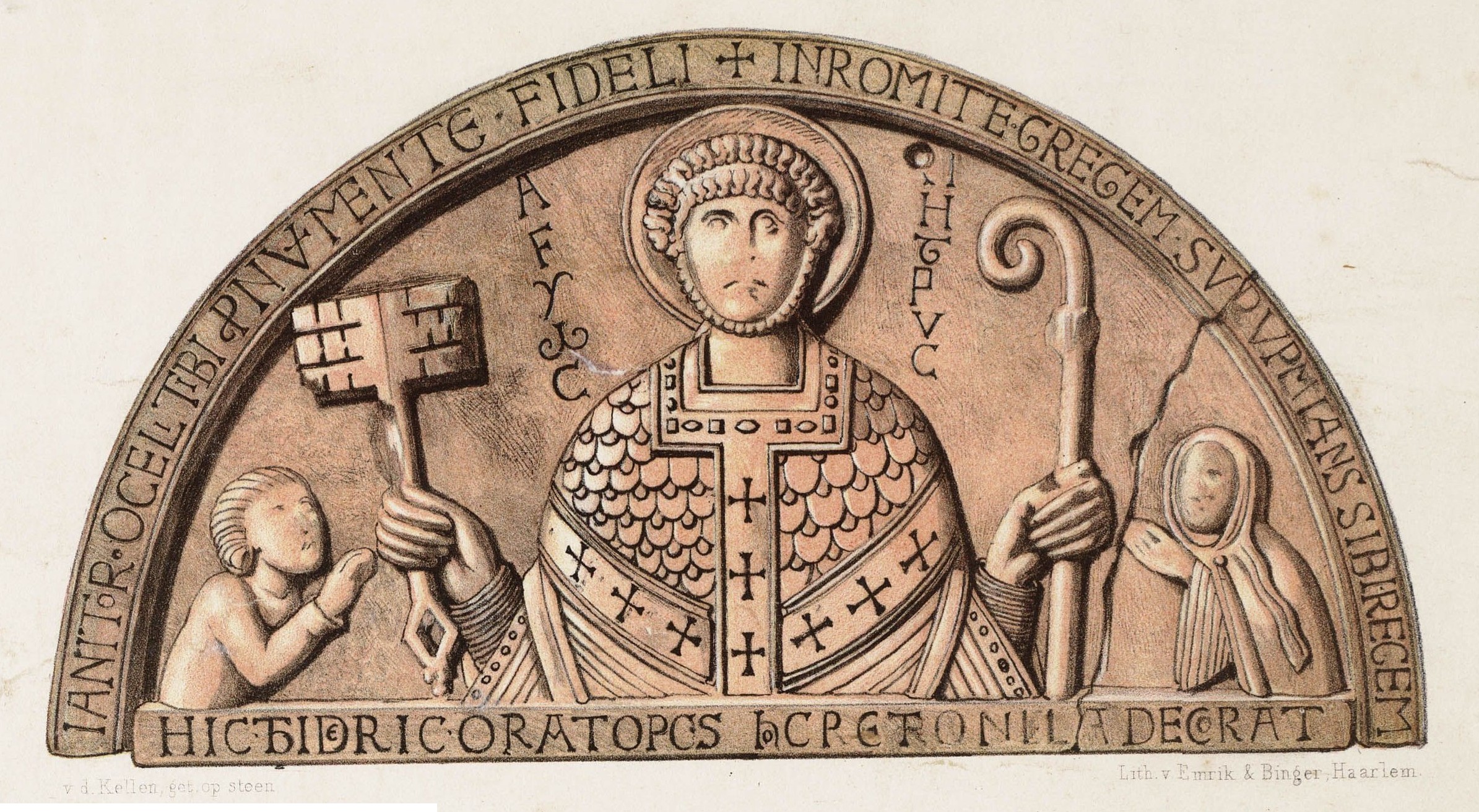 Chromolithography of the tympanum of Egmond Abbey printed by Emrik &amp; Binger, Haarlem